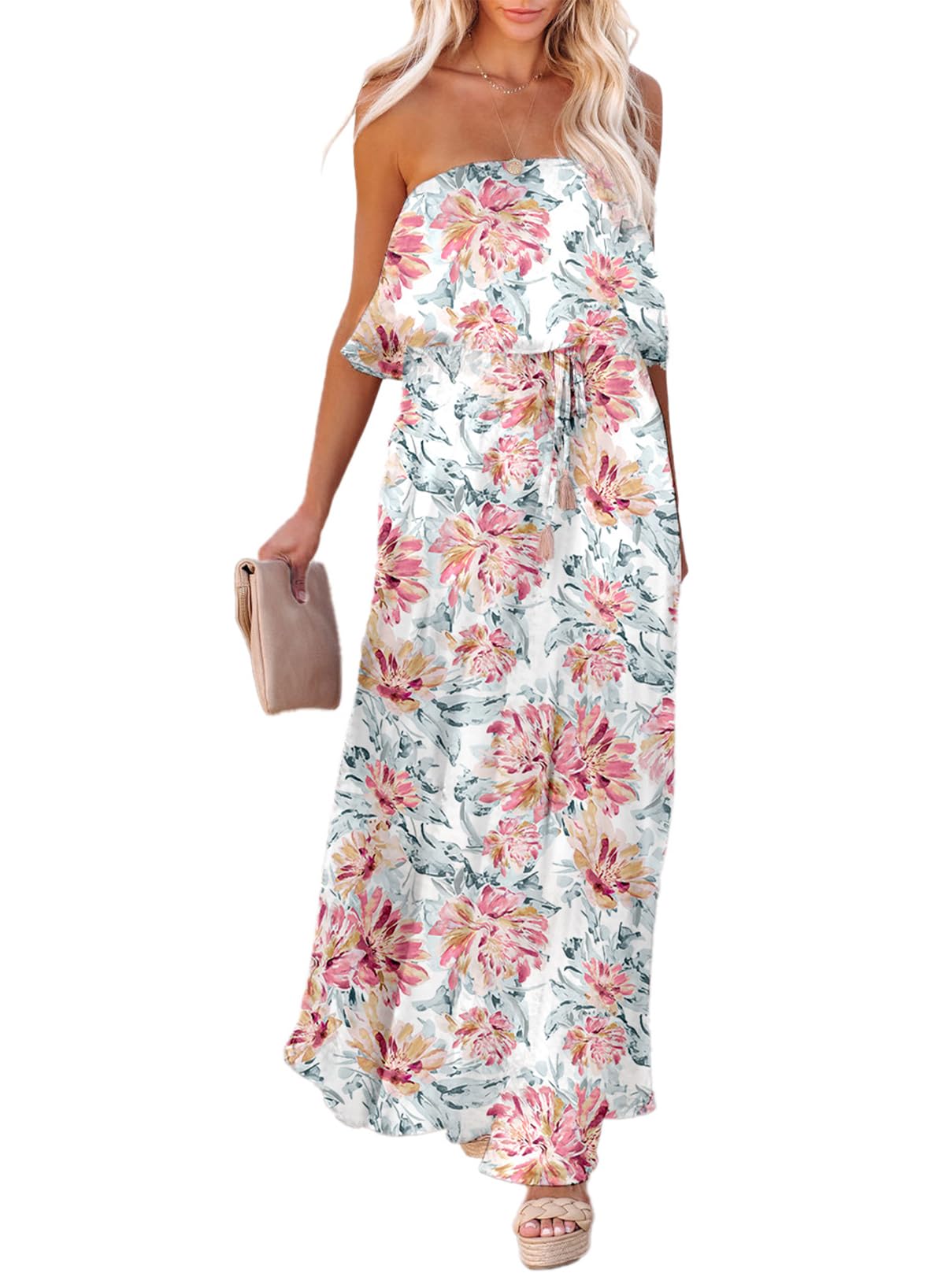 Dokotoo Womens Strapless Dresses Casual Summer High Waist Side Split Flowy Boho Maxi Dress