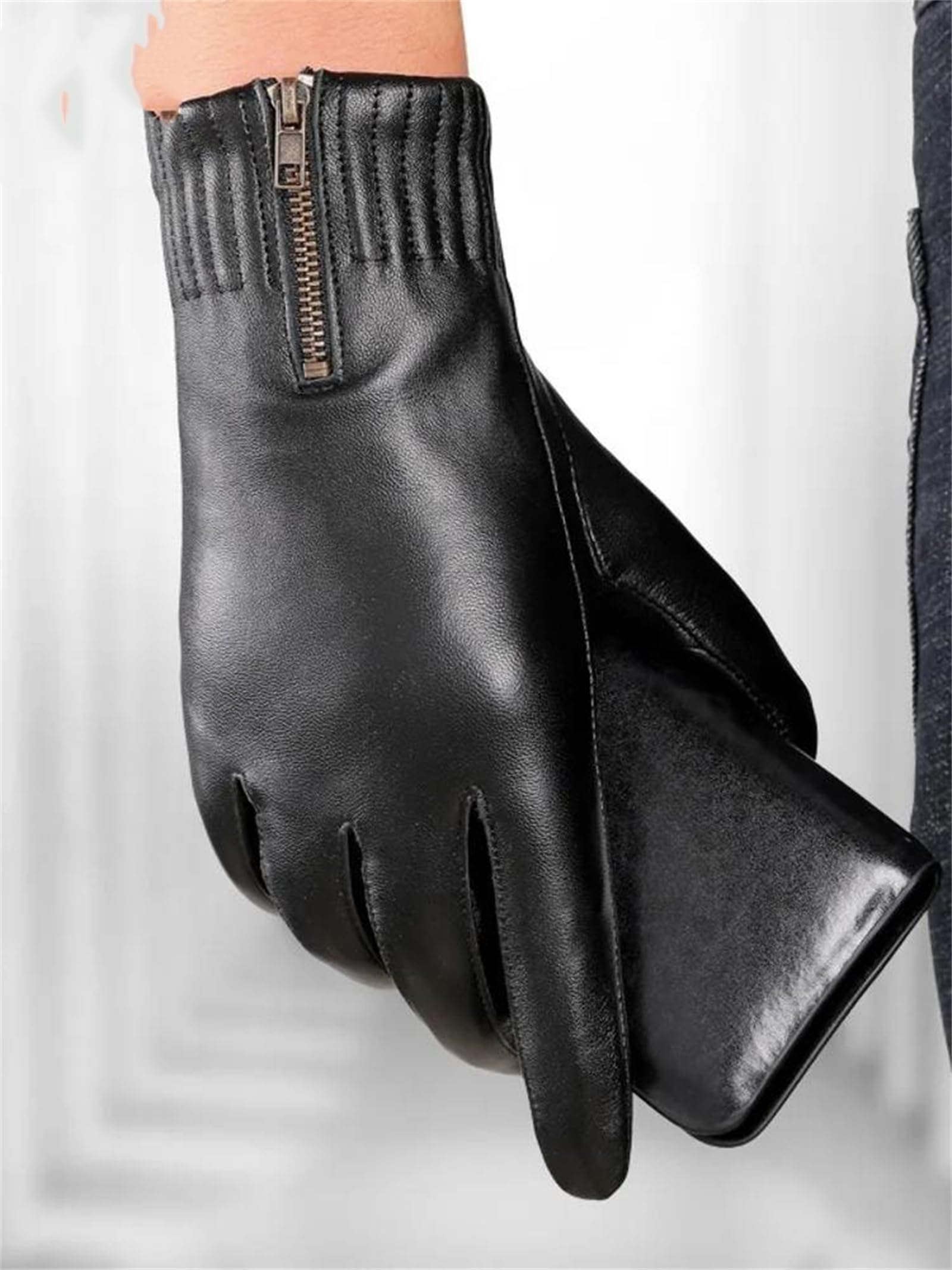 Guantes de piel de oveja auténtica para hombre, color negro, para pantalla táctil, forro polar, guantes de conducción cálidos para invierno