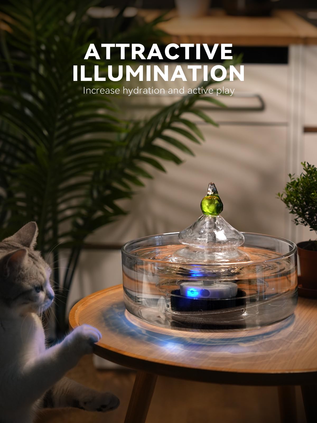 Fuente de agua de vidrio para gatos, fuente de vidrio para mascotas de 3.2 L/108 onzas con luz LED, dispensador de agua automático para gatos