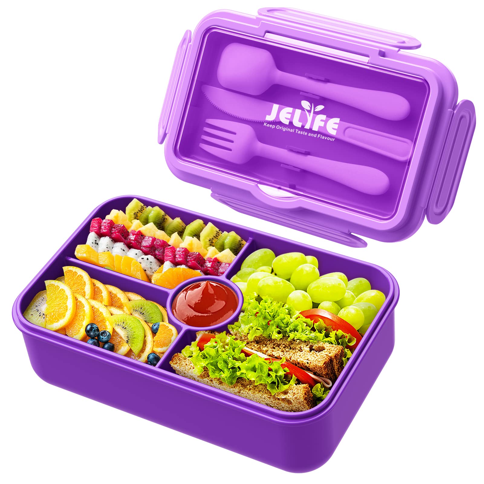 Jelife Lunch Box Kids Bento Box - Large Bento-Style Leakproof 4 Compartments Kids Lunchbox Food Containers with Utensils for Back to School, Reusable On-the-Go Meal and Snack Packing, Purple