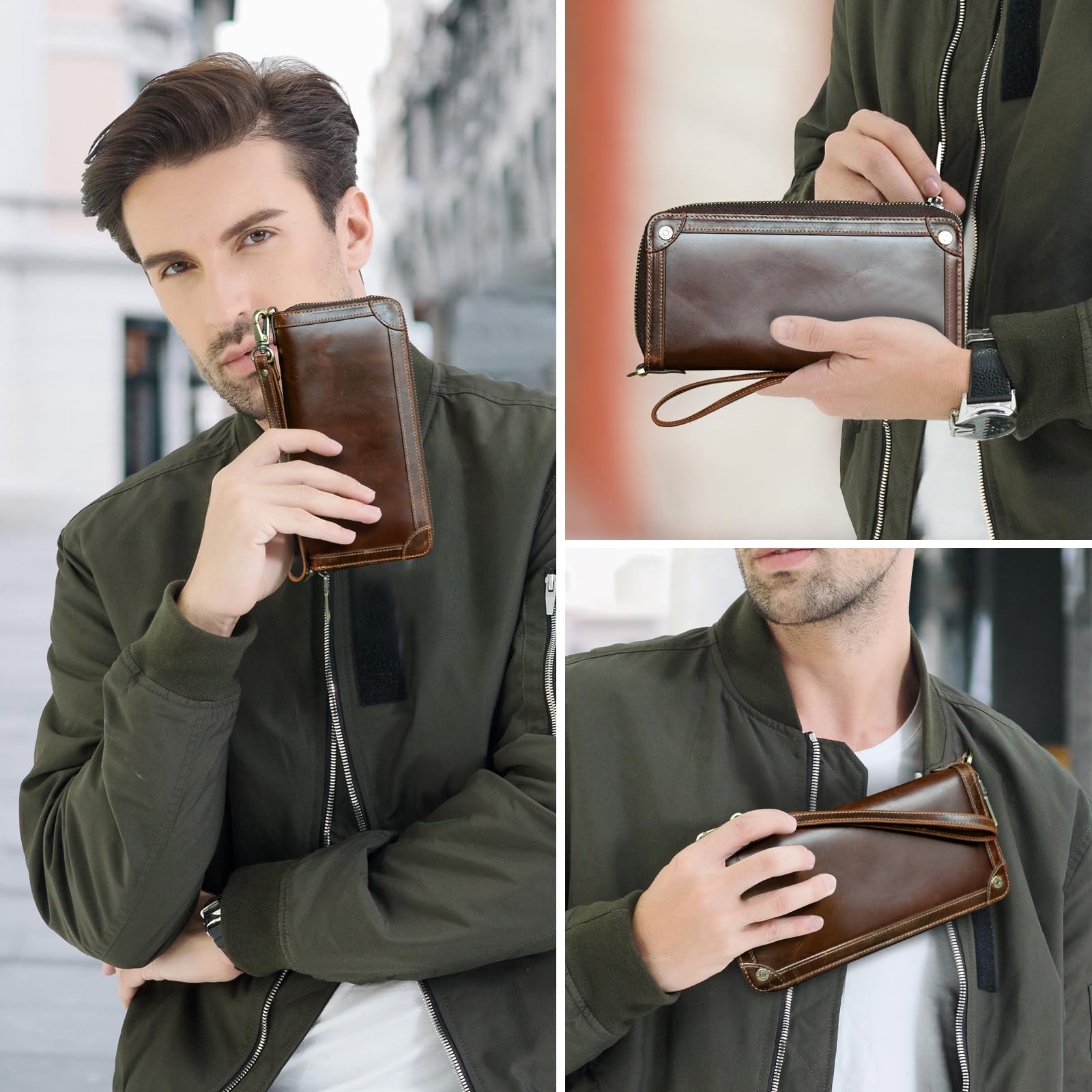 CONTACTS Cartera de Piel auténtica con Doble Cremallera Alrededor de los Hombres con 4 Capas intermedias Vintage Largo con muñequera
