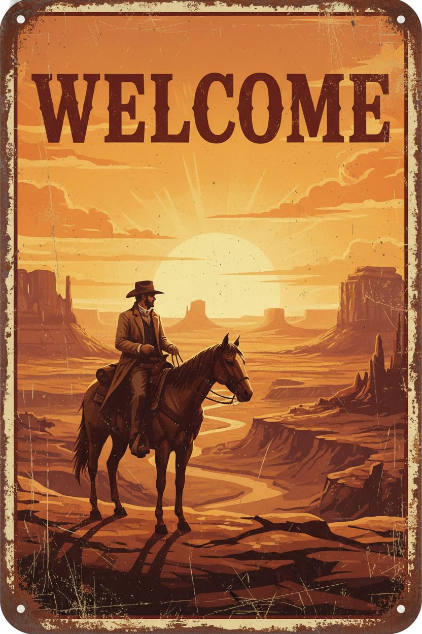 Vintage Cowboy Tin Sign Welcome Retro Wall Decor Nostalgic Art Funny Metal Poster Bedroom Store Cafe Toilet Kitchen Bar Office Living Room Pubs Shop Farmhouse Man cave 12 * 8inch