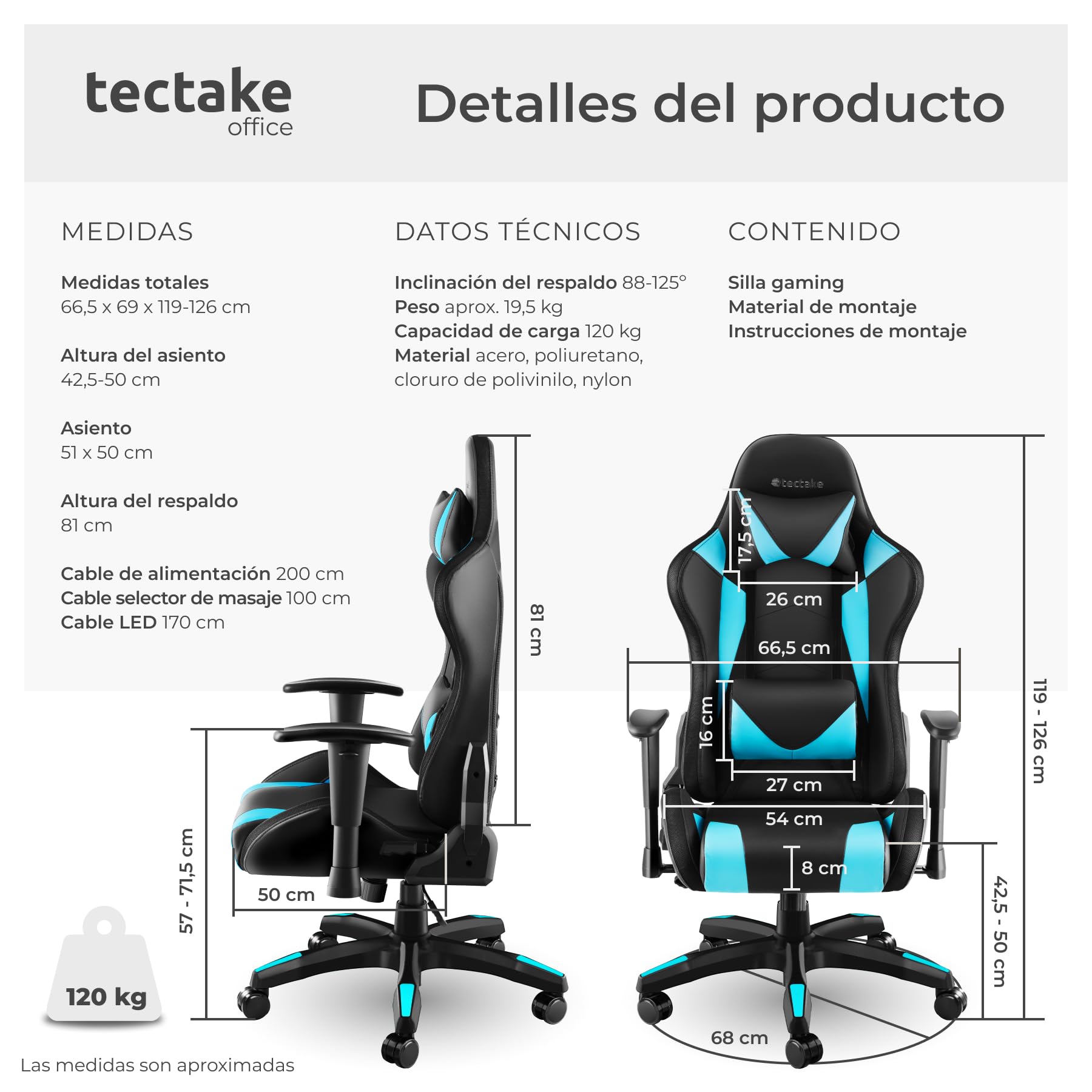 tectake® Silla Gaming, Silla de Oficina Ergonómica con Función Masaje, Iluminación LED, Respaldo y Reposabrazos Ajustables, Silla Giratoria Reclinable, Silla para Escritorio y Gaming - Negro/Celeste