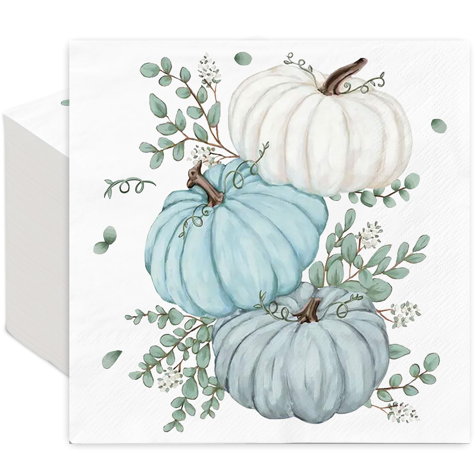 JarThenaAMCS 50Pcs Fall Pumpkin Napkins Pumpkin Eucalyptus Napkins Disposable Dinner Hand Napkins for Autumn Harvest Thanksgiving Dinner Party Supplies
