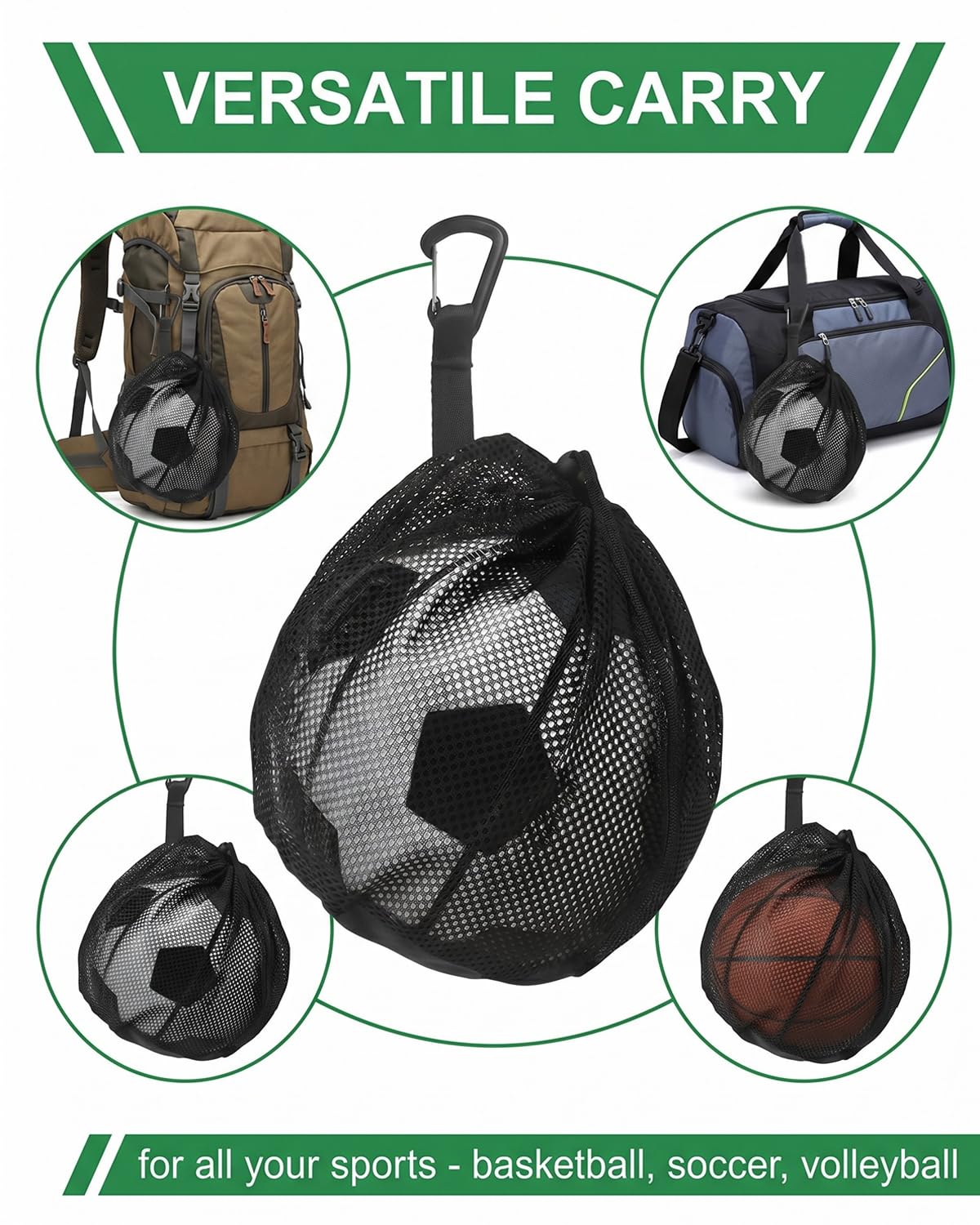 Bolsa Red para Balón de Fútbol con Mosquetón y Cordón Ajustable, Resistente para Baloncesto y Voleibol