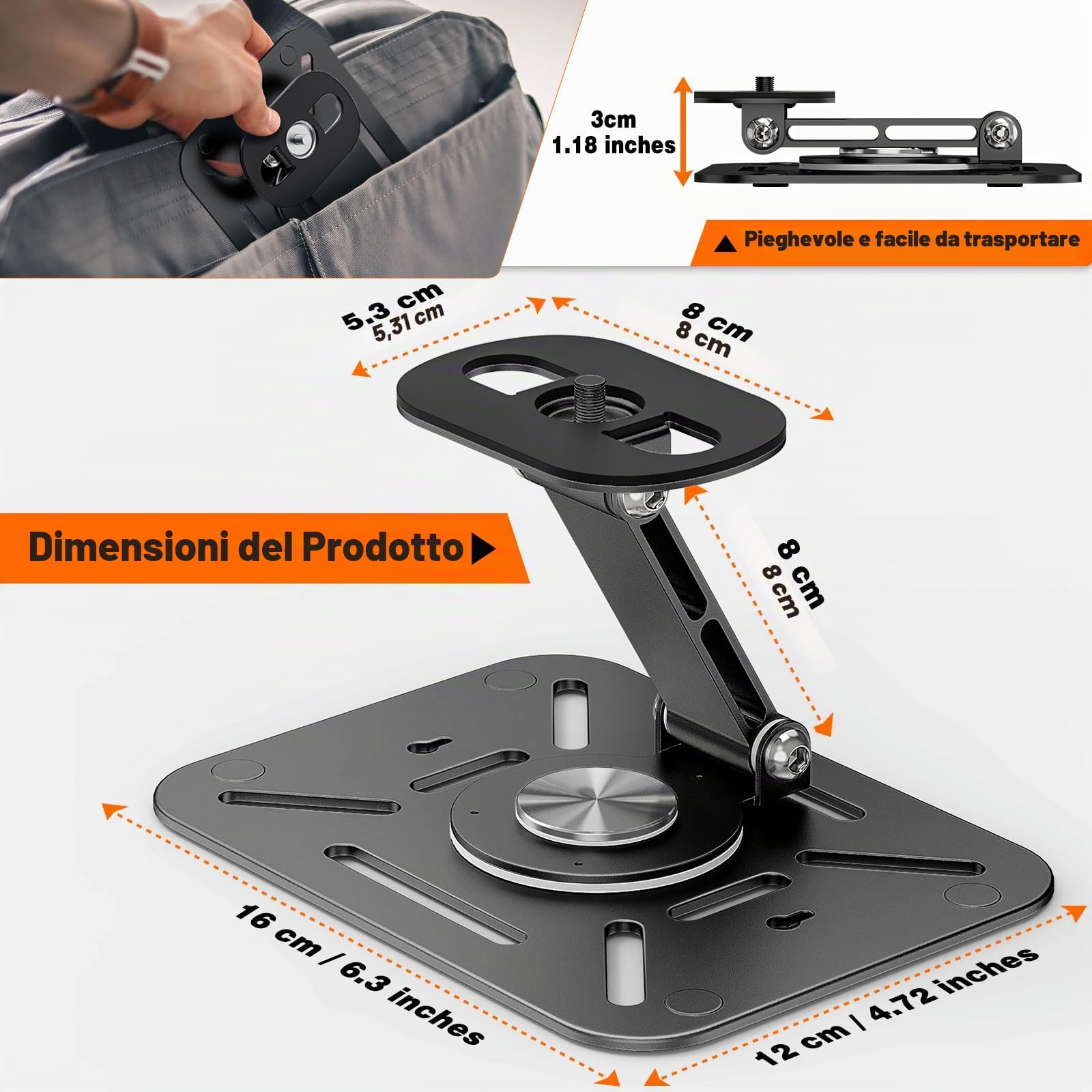 Supporto per Proiettore da Tavolo, Parete e Soffitto con Rotazione a 360°, Staffa per Proiettore in Metallo con Vite da 1/4" per Home Cinema, Sala Giochi, Ufficio (Nero)