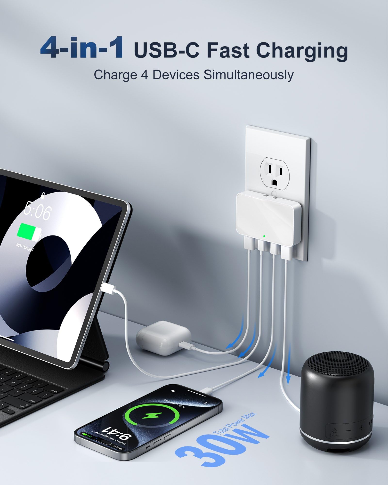 Bloque de cargador de pared USB de 30 W, enchufe de carga USB C plano ultra fino, adaptador de corriente USB plegable para iPad, iPhone 15/16, modelos Samsung, enchufe de salida de carga rápida de 30