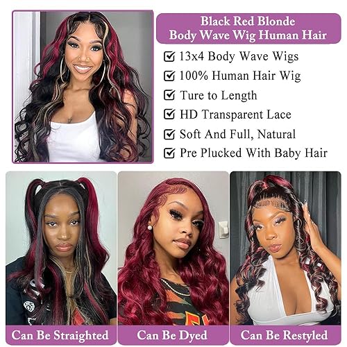 Miniatura 4 de Peluca de cabello humano con reflejos rubios rojos y negros, pelucas de cabello humano con encaje frontal transparente de 13 x 4 pulgadas,