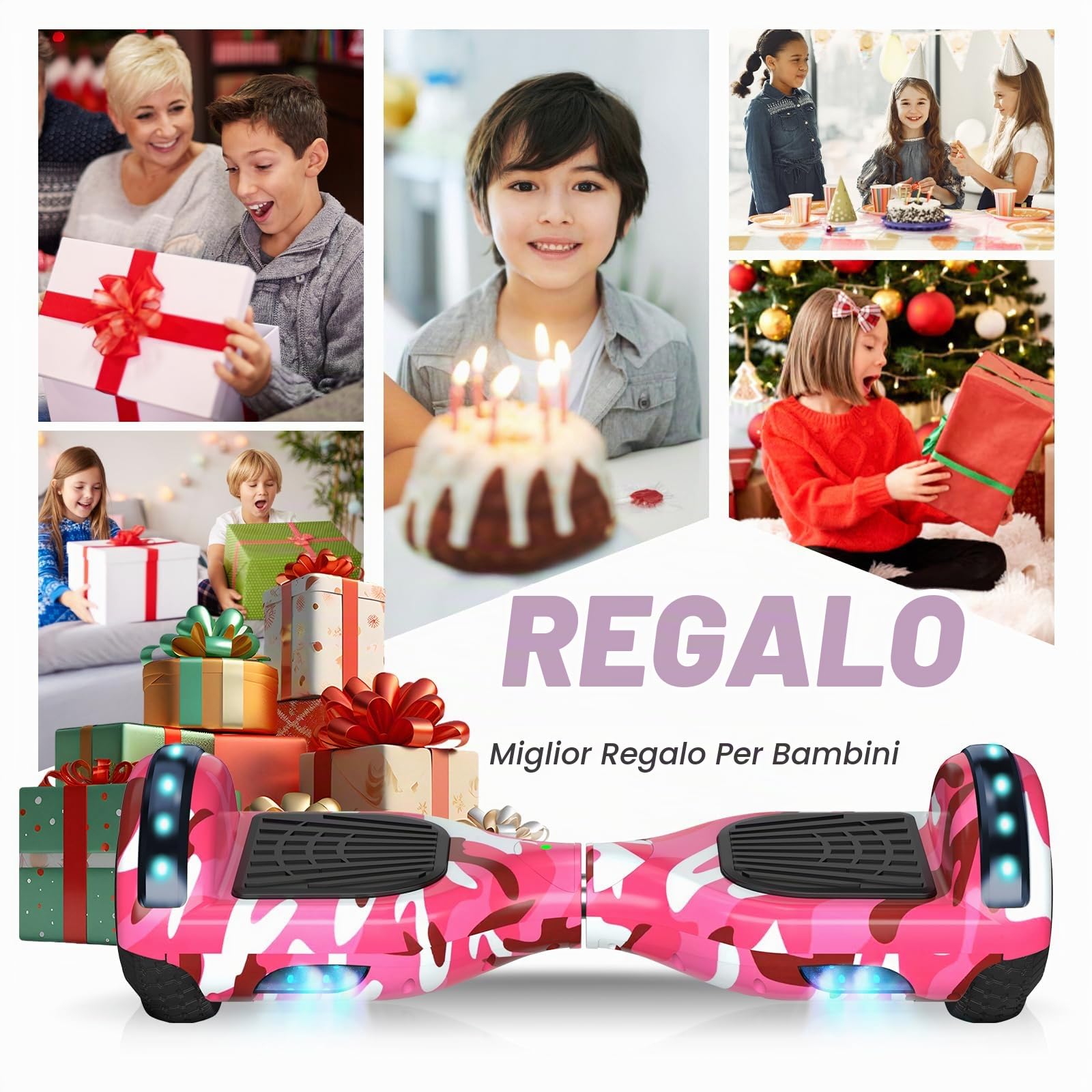 SISIGAD Hoverboard da 6,5 pollici con altoparlante Bluetooth, scooter autobilanciato, motore con luci colorate e luci LED，Camouflage rosa