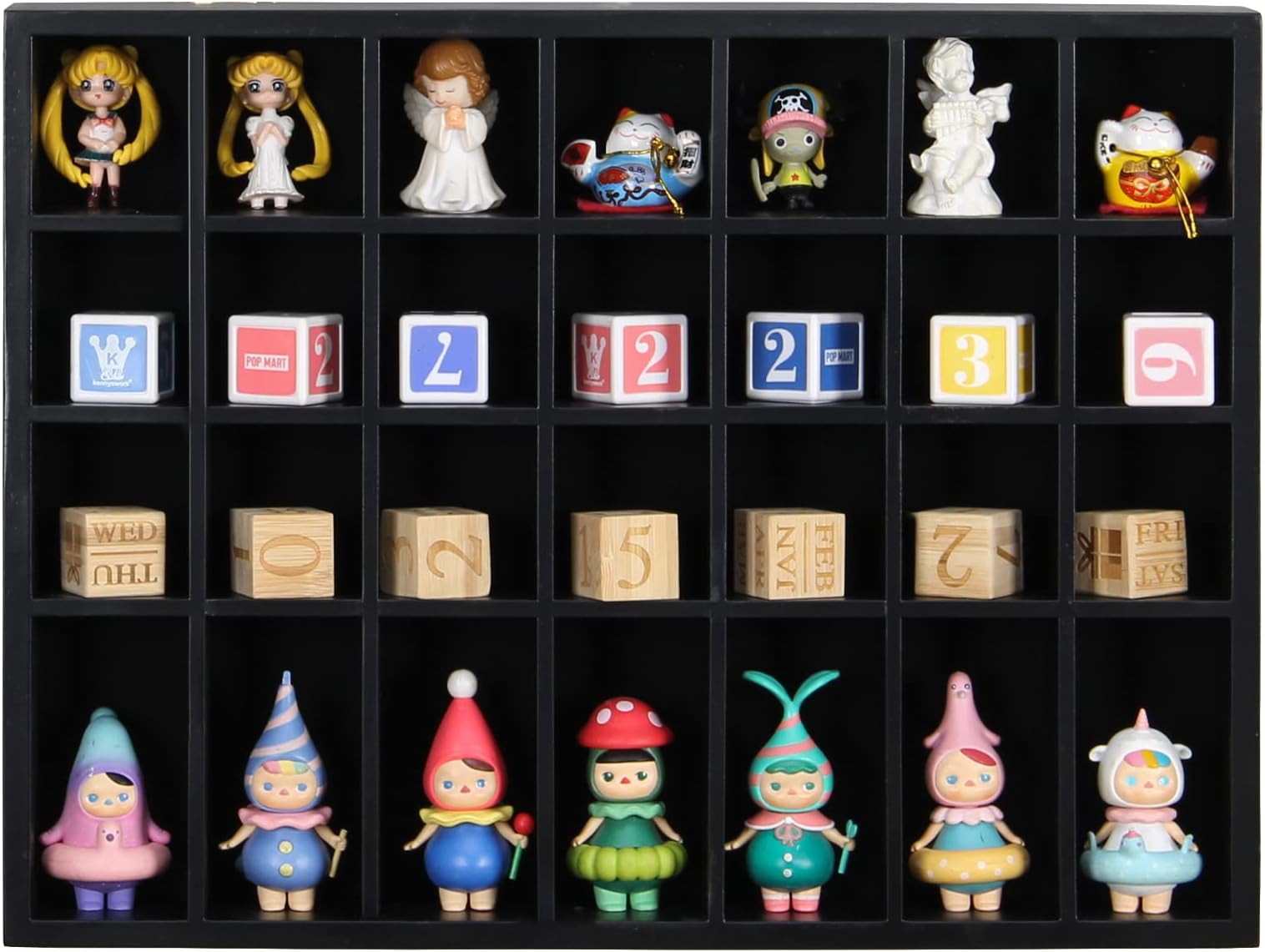 Black Shot Glass Display Case 18”x13” Solid Wood Wall Mounted Collection Cabinet 28 Slots Small Curio Cabinet Rack (No Door)