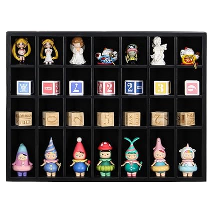 ARRAWIS Black Shot Glass Display Case 18?x13? Solid Wood Wall Mounted Collection Cabinet 28 Slots Small Curio Cabinet Rack (No Door)