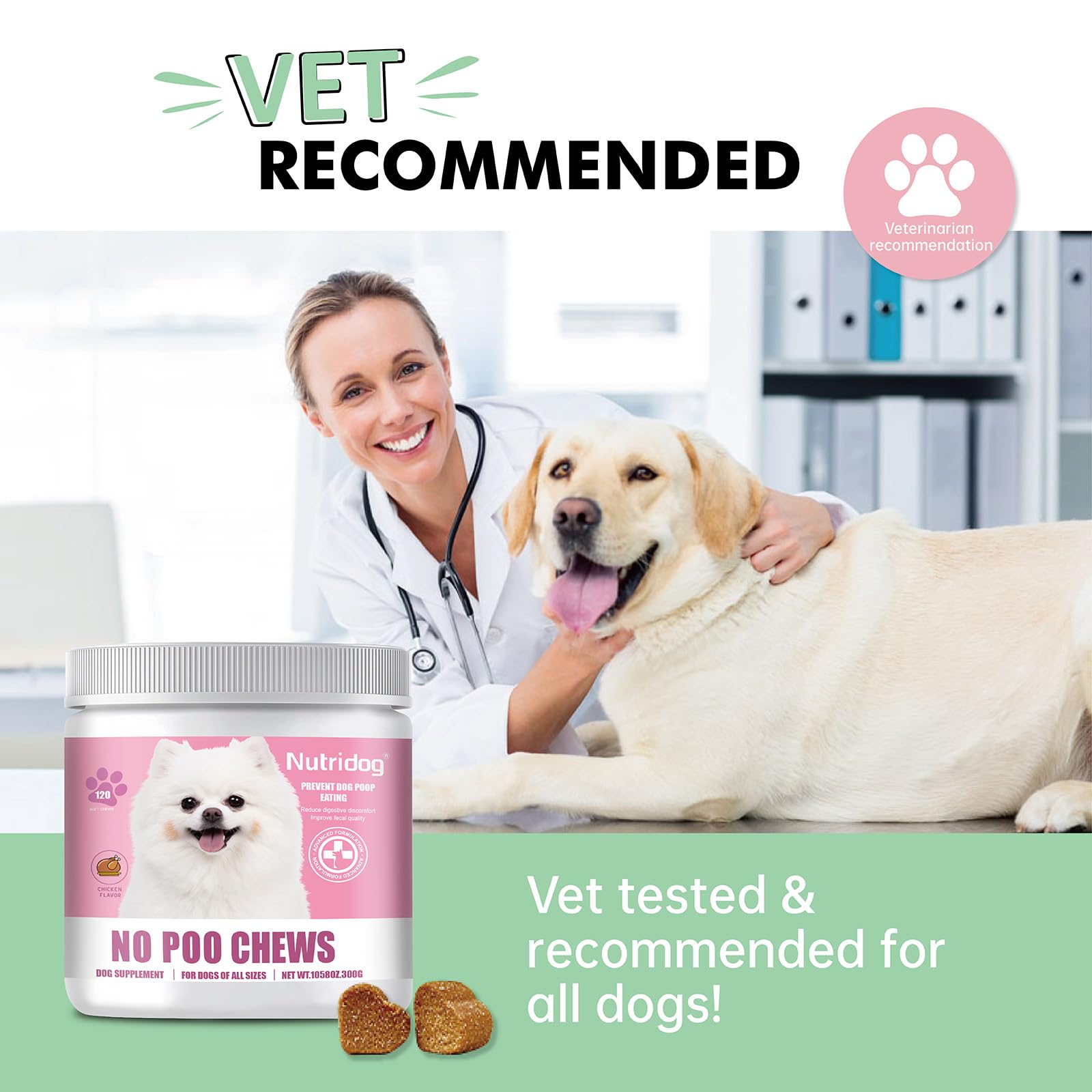 Masticables sin caca para perros, 120 unidades, sabor a pollo, disuasorio para la coprofagia y las heces con probióticos, enzimas digestivas y ayuda para la respiración, deja de comer caca