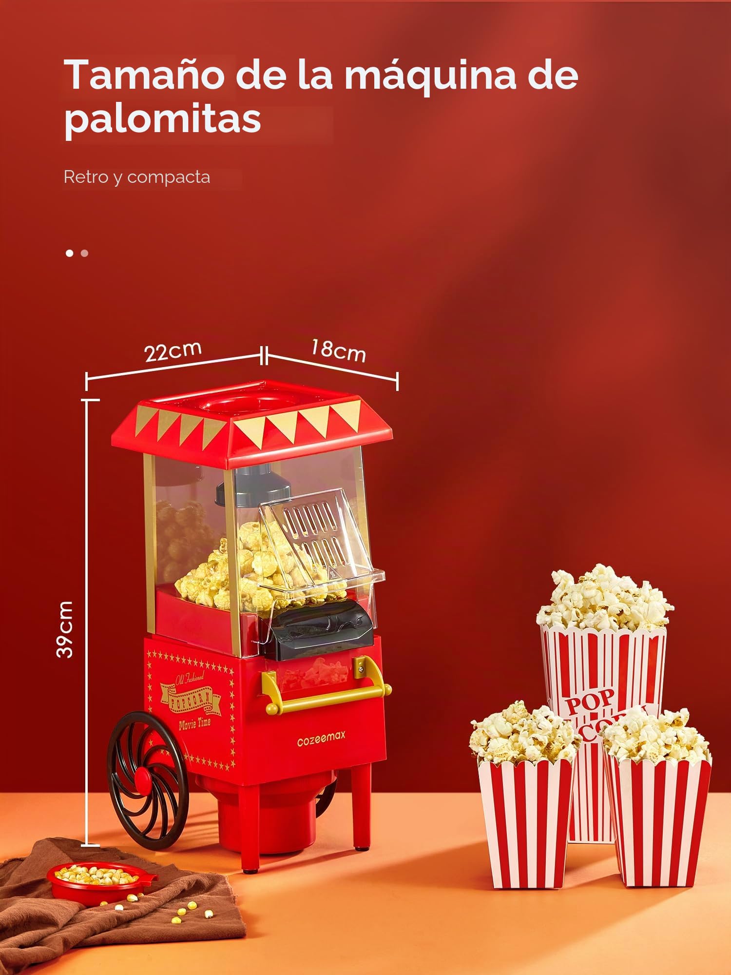 Palomitero, 1200W Vintage Máquina de Palomitas con Gran Capacidad, máquina de hacer palomitas dulces Aire Caliente Sin Grasa AceitaLibre de BPA, Rojo
