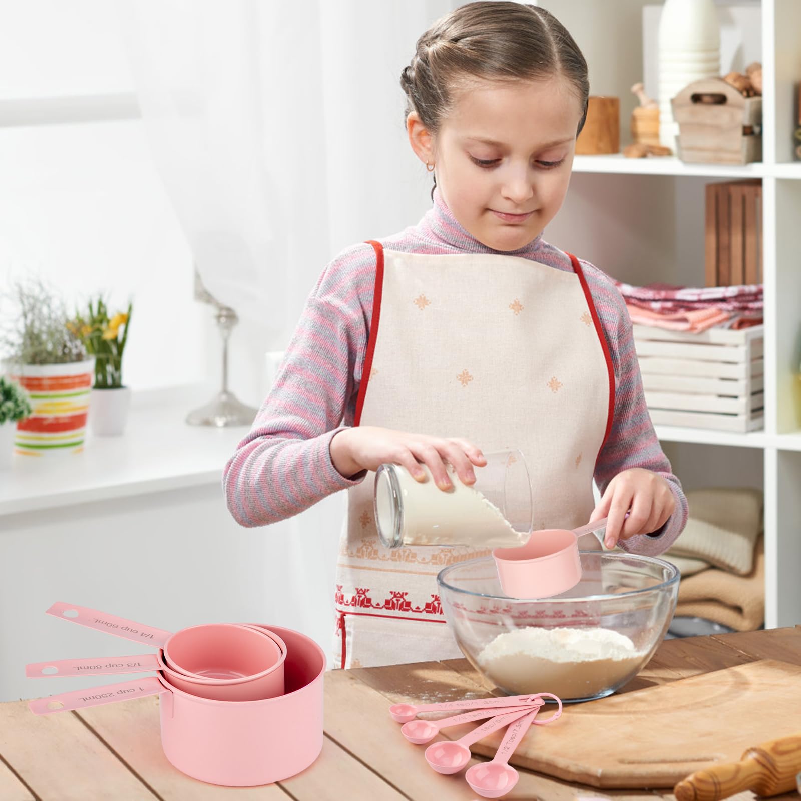 Messbecher und Löffel 9er Set, Edelstahl Messbecher zum Kochen und Backen, Messlöffel für trockene und flüssige Zutaten (Rosa)