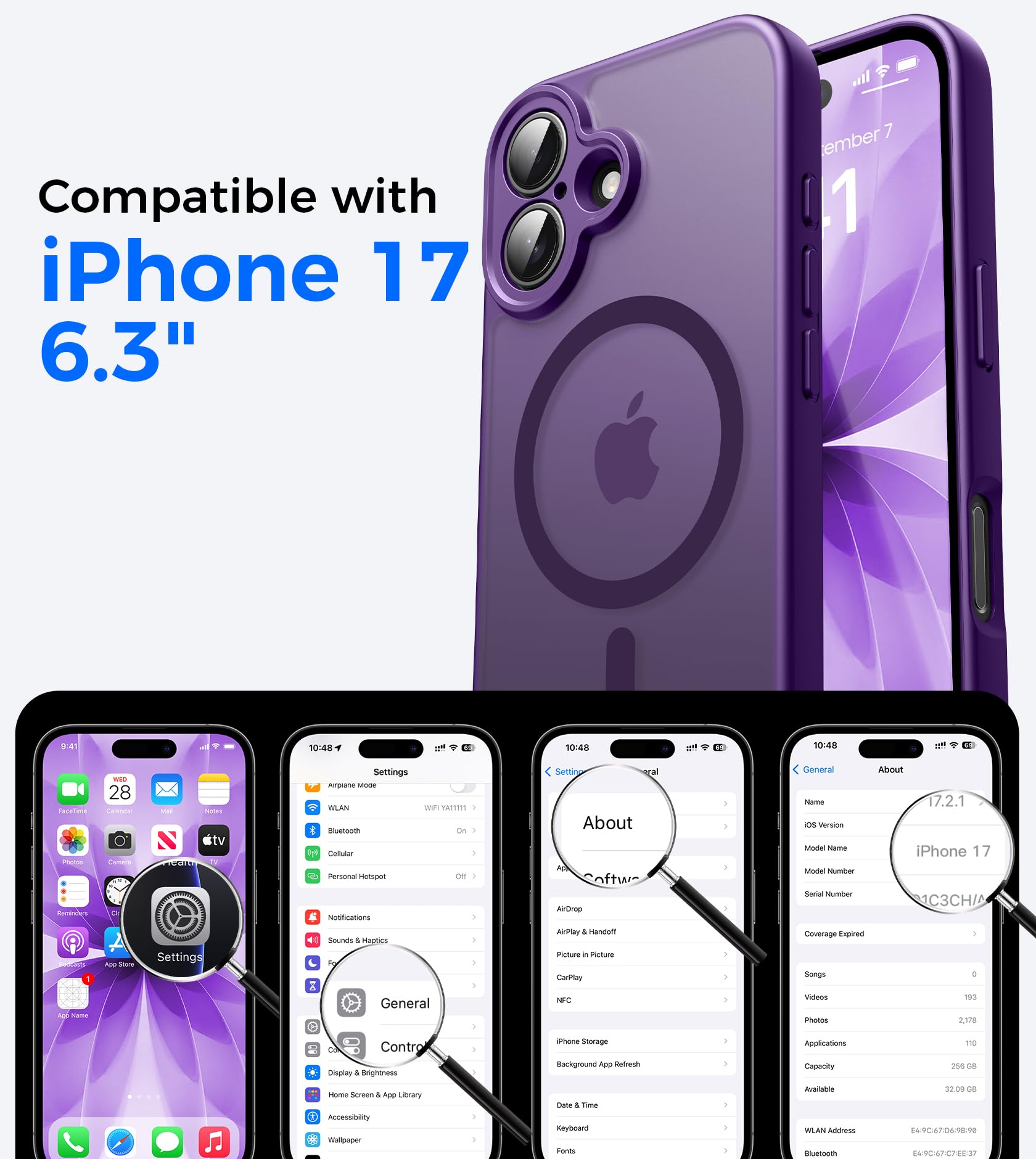 Natiiozie Magnetica Cover per iPhone 17, Compatibile con Mag Safe,Antiurto di Grado Militare,Protezione Completa Della Fotocamera,Anti-Graffio Custodia Traslucida Opaca-Viola