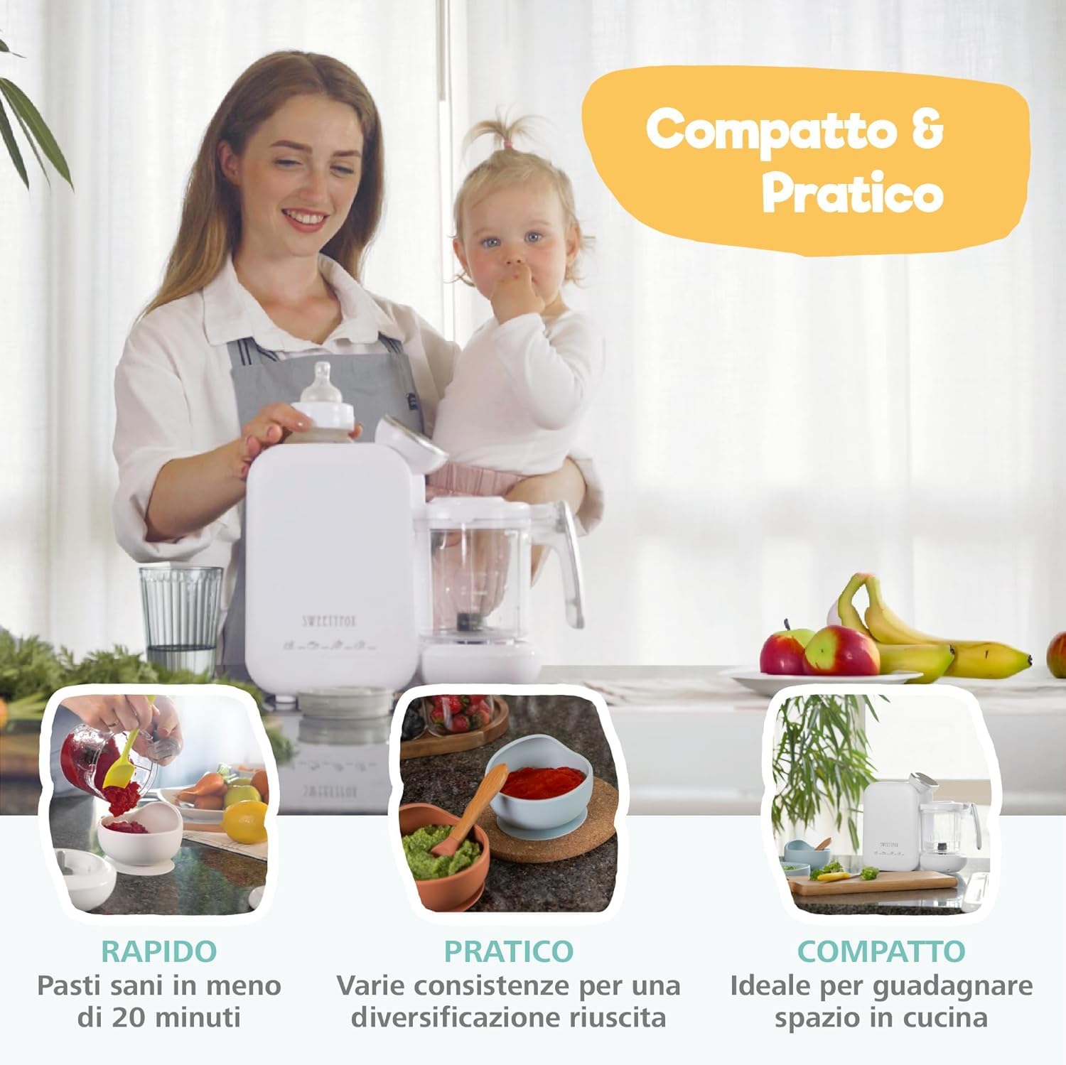 Sweety Fox Babycook - Robot Cocina Bebe - 7 Funciones - Vapor, Mezclador, Pulso, Autolimpieza, Esteriliza, Calienta, Descongela - Procesador de Alimentos Bebe