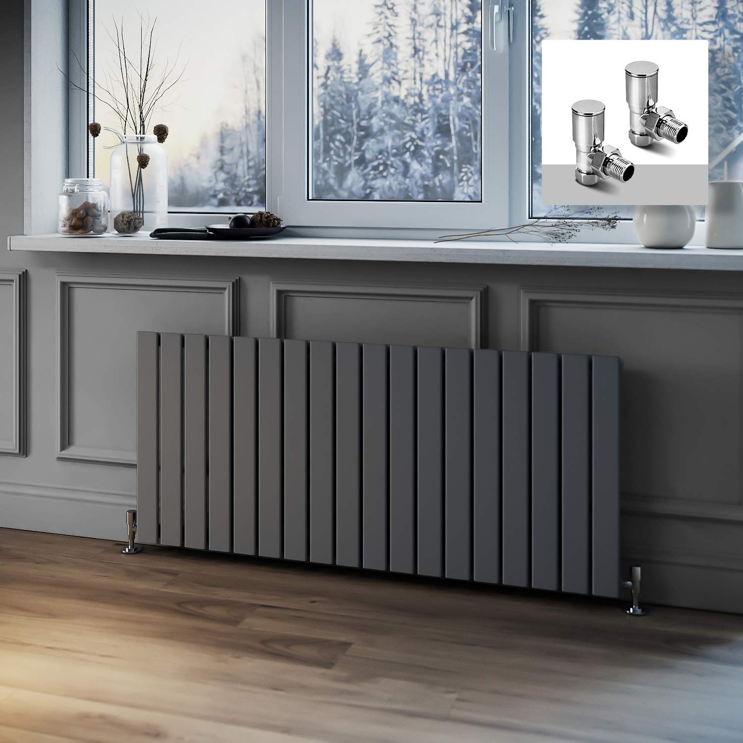 600 x 1360 mm Anthracite Column Radiator Horizontal Single Flat Panel Designer Radiator with Angled Radiator Valves