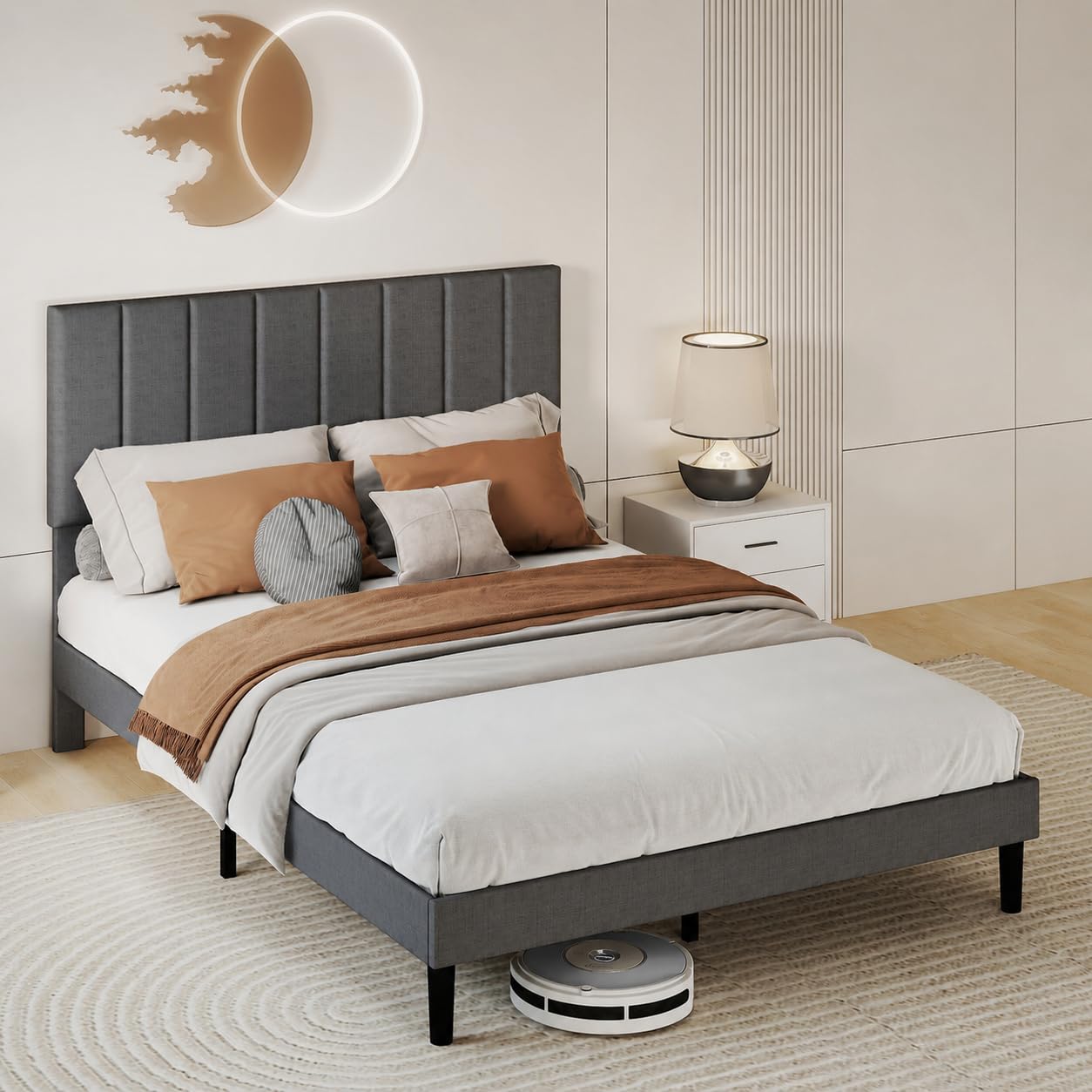 Levede Double Bed Frame with Channel Tufted Headboard,135x190cm Upholstered Platform Bed Frames, Sturdy Wooden Slat Support, Easy Assembly, No Box Spring Needed,Dark Grey,