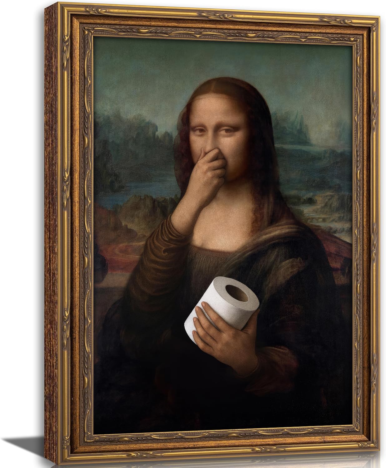 Framed Funny Bathroom Wall Art Funny Mona Lisa Bathroom Wall Decor Vintage Mona Lisa Holding Toilet Paper Poster Framed Vintage Painting Pictures Artwork Canvas Prints for Restroom Toilet 9x11in