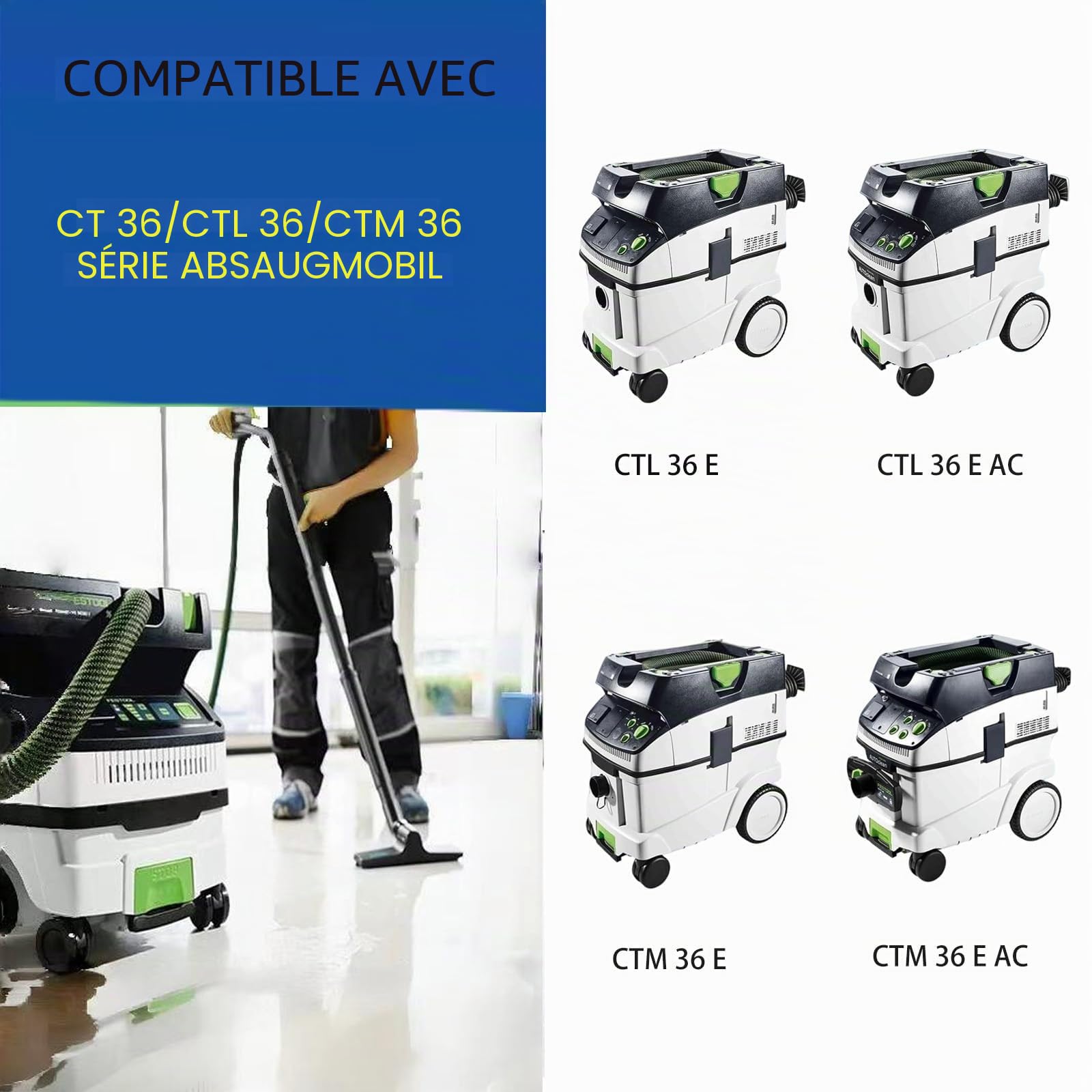 Lot de 8 sacs d'aspirateur pour Festool CT 36 / CTM 36 E/CTL 36 E CLEANTEC Series, grande capacité, sacs filtrants de rechange pour aspirateur SC FIS-CT 36