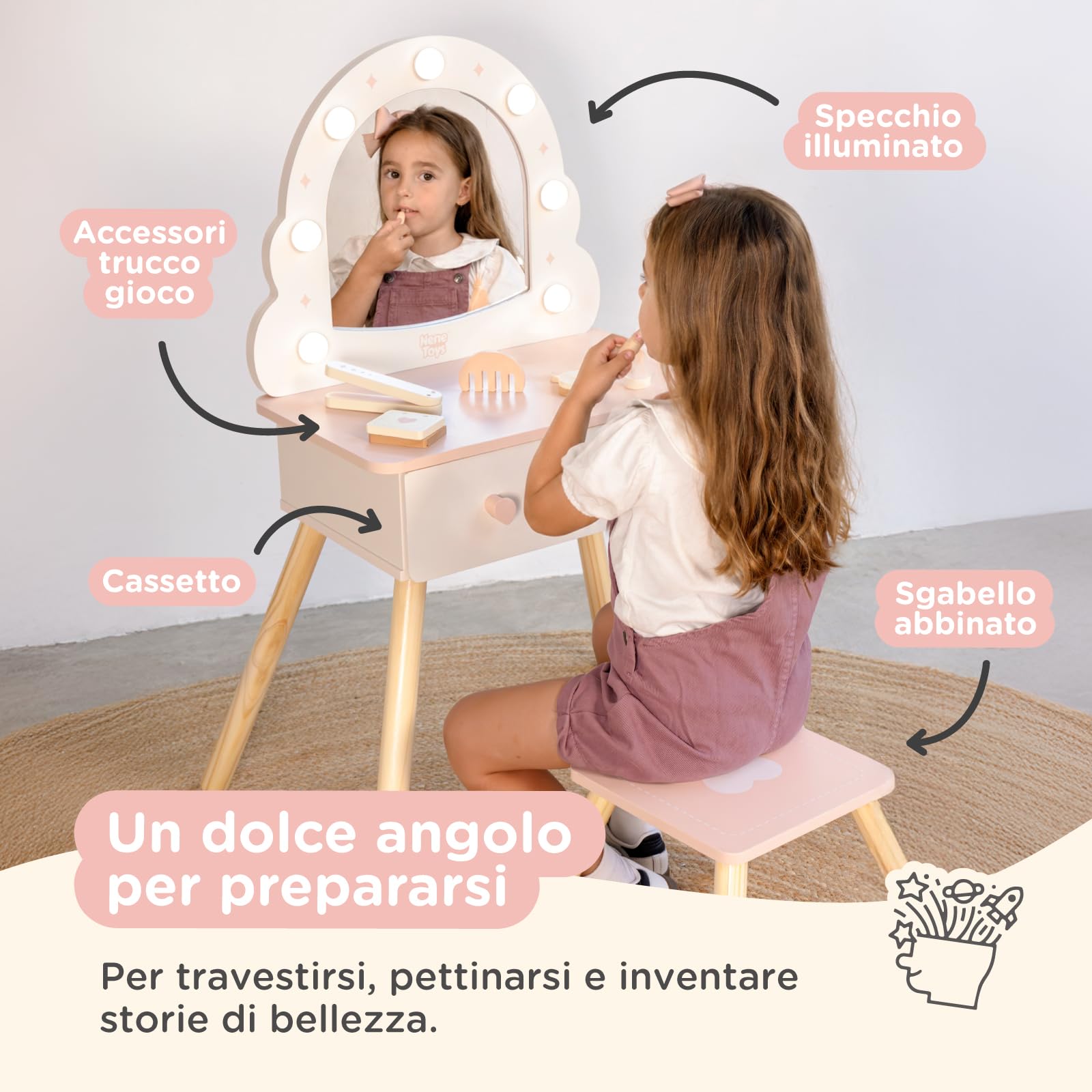 Nene Toys Toeletta Trucco Bambina con Specchio Illuminato e Sgabello, Specchiera Trucco Bambina in Legno, Postazione Trucco con 3 Modalità di Luce, Cassetto, Accessori, Regalo 3+ Anni