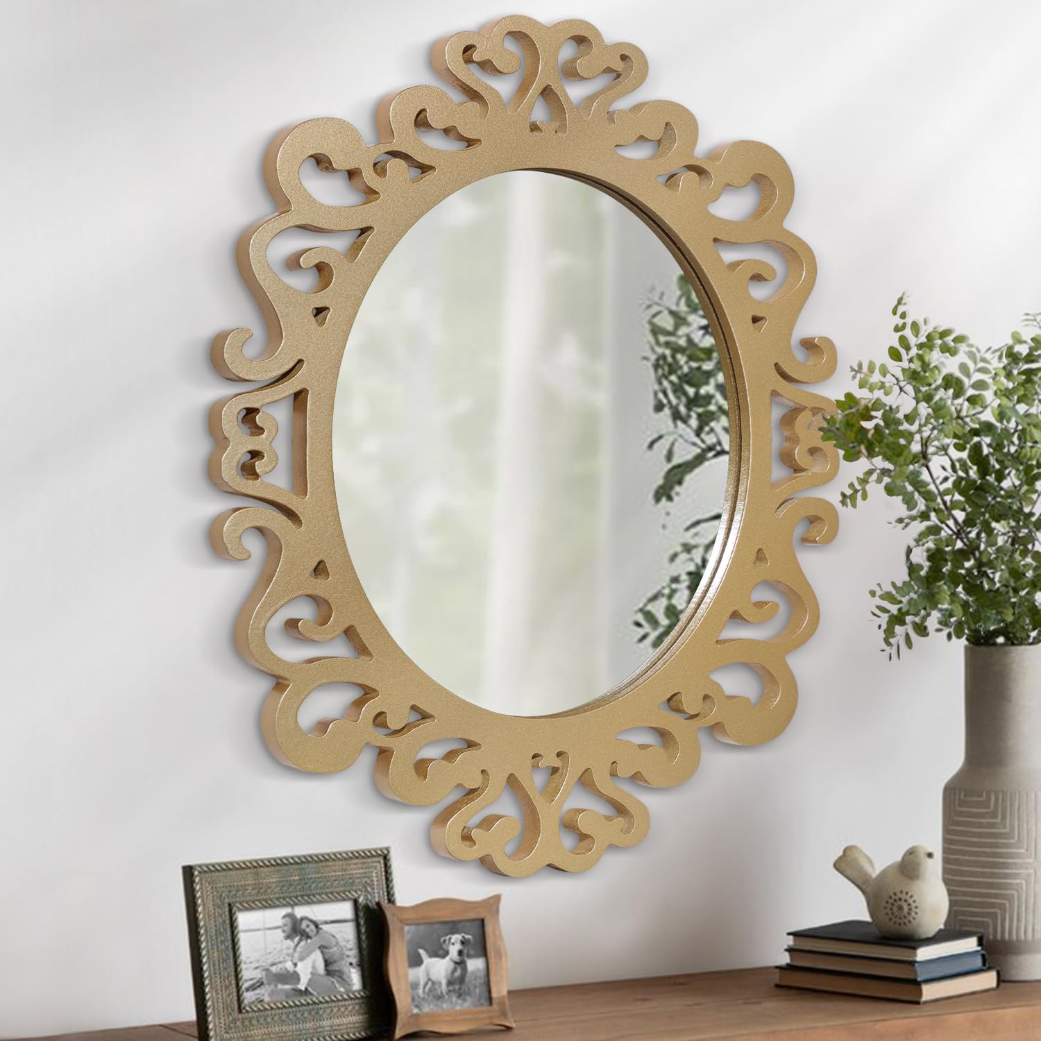 AOAOPQ Espejos dorados para pared pequeña, ovalados, vintage, decoración de espejo de pared, regalos para mujeres, madres, espejos decorativos con marco de madera rústica, espejos decorativos para
