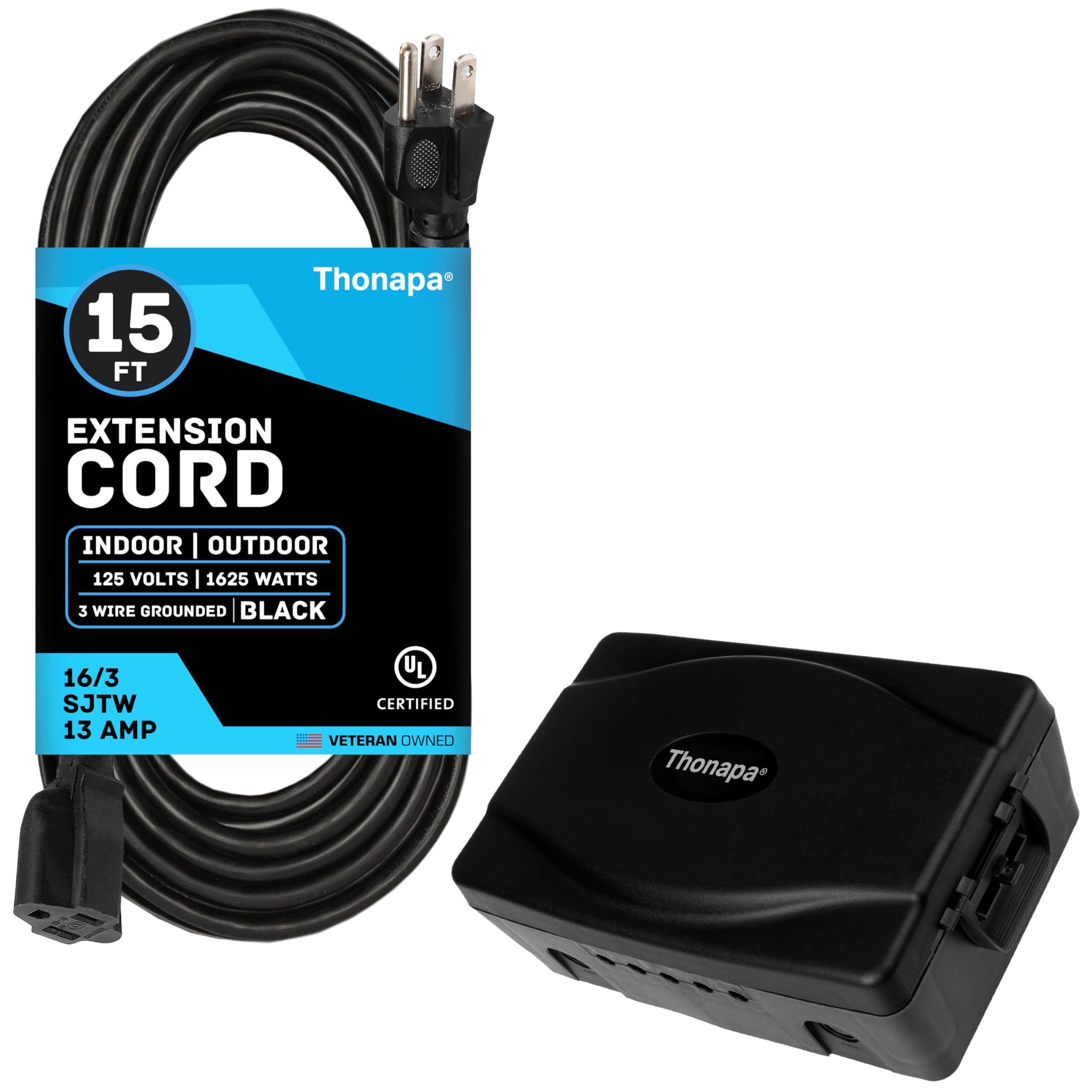 Thonapa 13 Amp Outdoor Extension Cord 15 ft SJTW & Outdoor Electrical Box, Weatherproof Power Cord Protector for Electrical Connections, IP54 Great for Timers, Power Strips, Landscape Lights