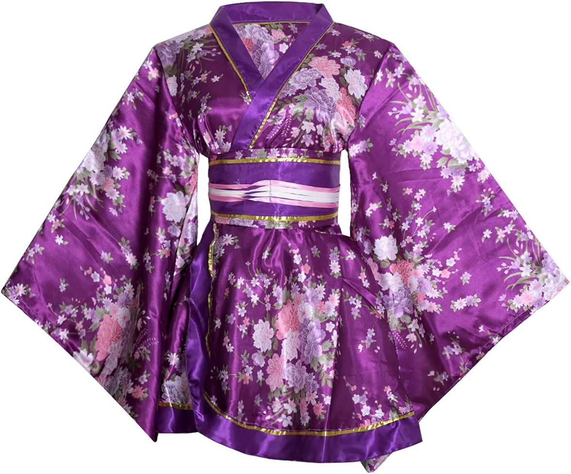 HUAHUA Women's Sexy Short Kimono Dress Floral Print Japanese Traditional Geisha Robe Bathrobe Skirt Belt Outfit