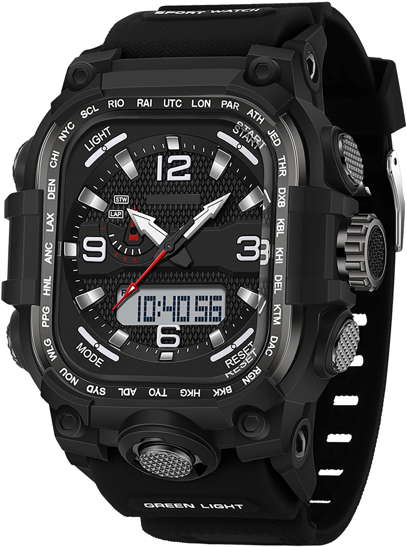 findtime Orologio da polso da uomo, stile militare, quadrato, digitale, analogico, design sportivo, impermeabile fino a 5 ATM, illuminazione, data 12/24 h, cronometro e tre fusi orari