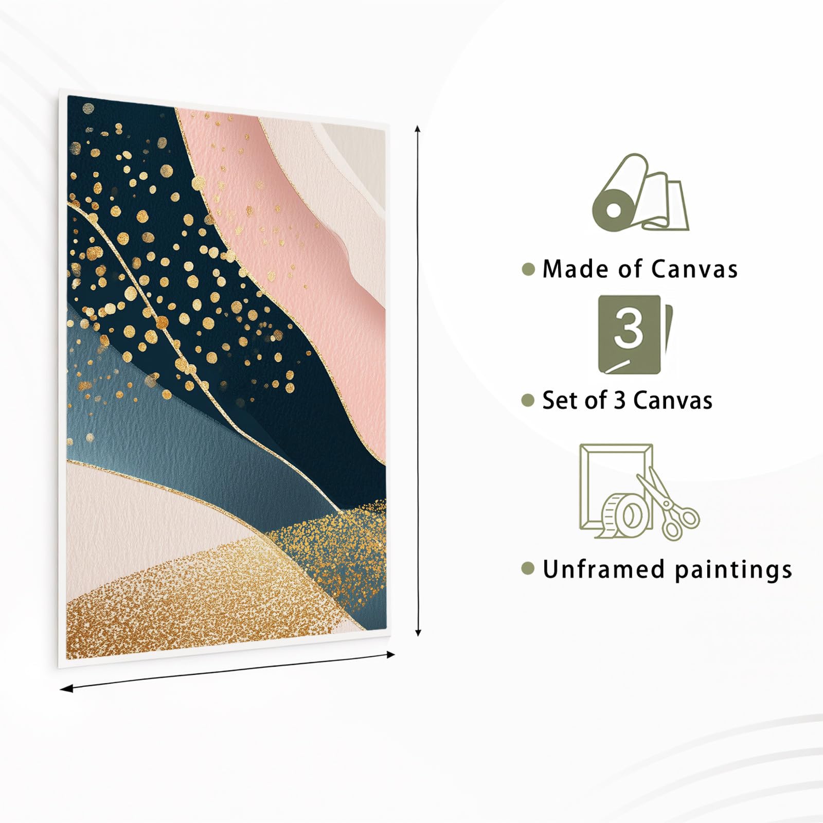 Generisch 3-teiliges Wandbild Leinwand Set 50 x 70 cm, Ohne Rahmen Ästhetische Kunstdrucke Abstrakt Elegant für Wohnzimmer & Schlafzimmer, Minimalistisch Linie Gold Rosa Marineblau