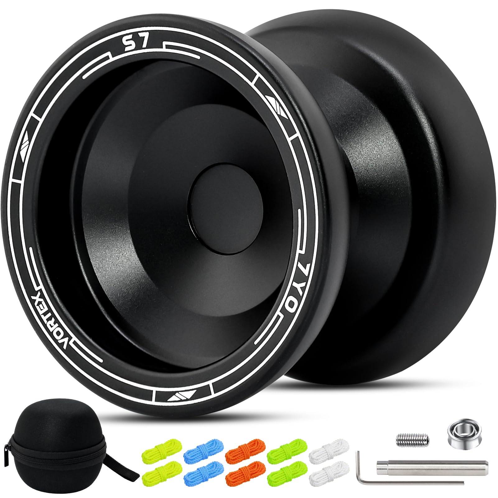 7YO Professional Trick Yoyo S7, Responsive Yoyo for Kids 8-12, Unresponsive Yoyo with KK Bearing Kit, 10 Strings, & Case (Black)