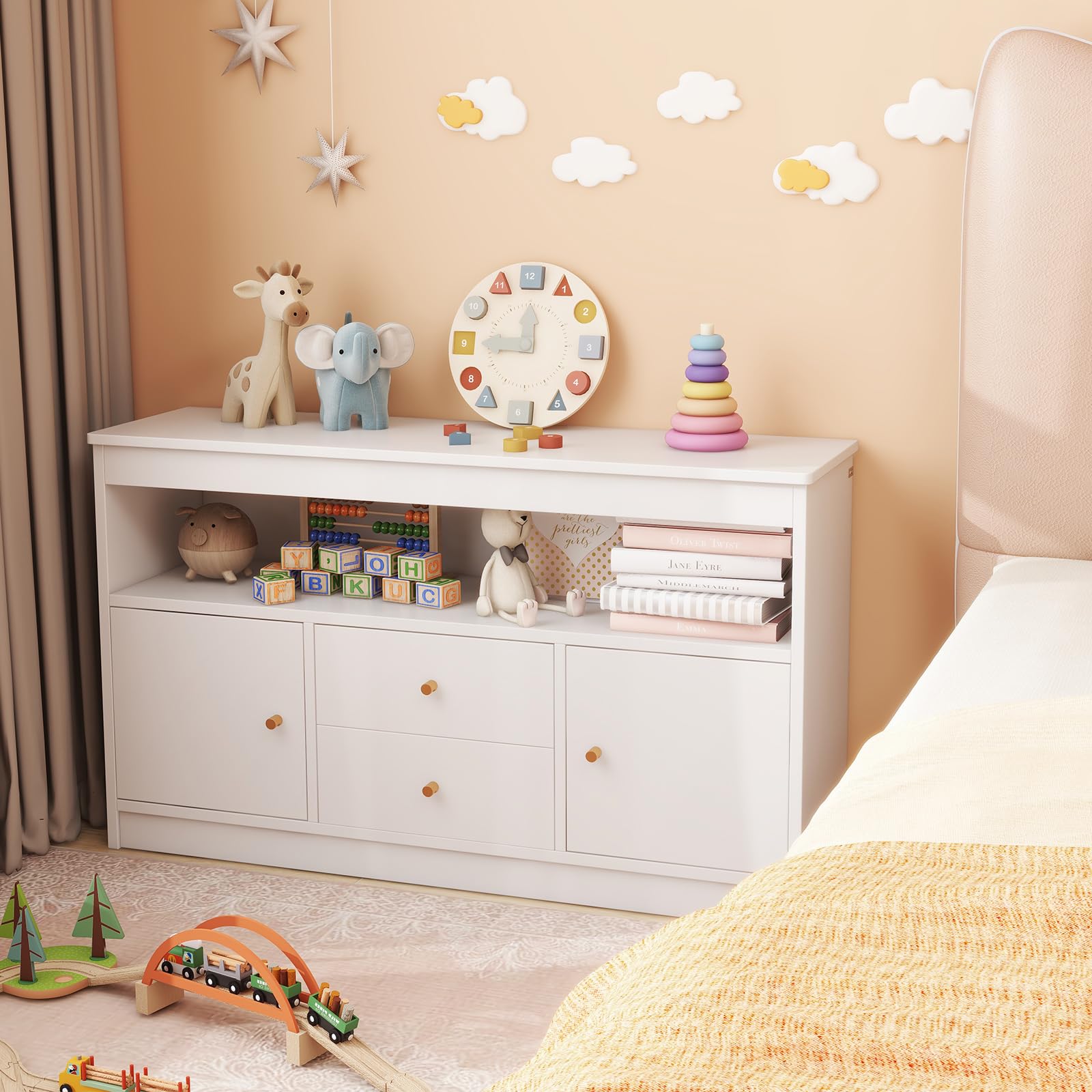 GOPLUS Organizador de Almacenamiento de Juguetes para Niños, Estantería con 2 Cajones, 2 Gabinetes Cerrados y 1 Compartimento Abierto, Mueble de Madera para Sala de Juegos (Blanco)