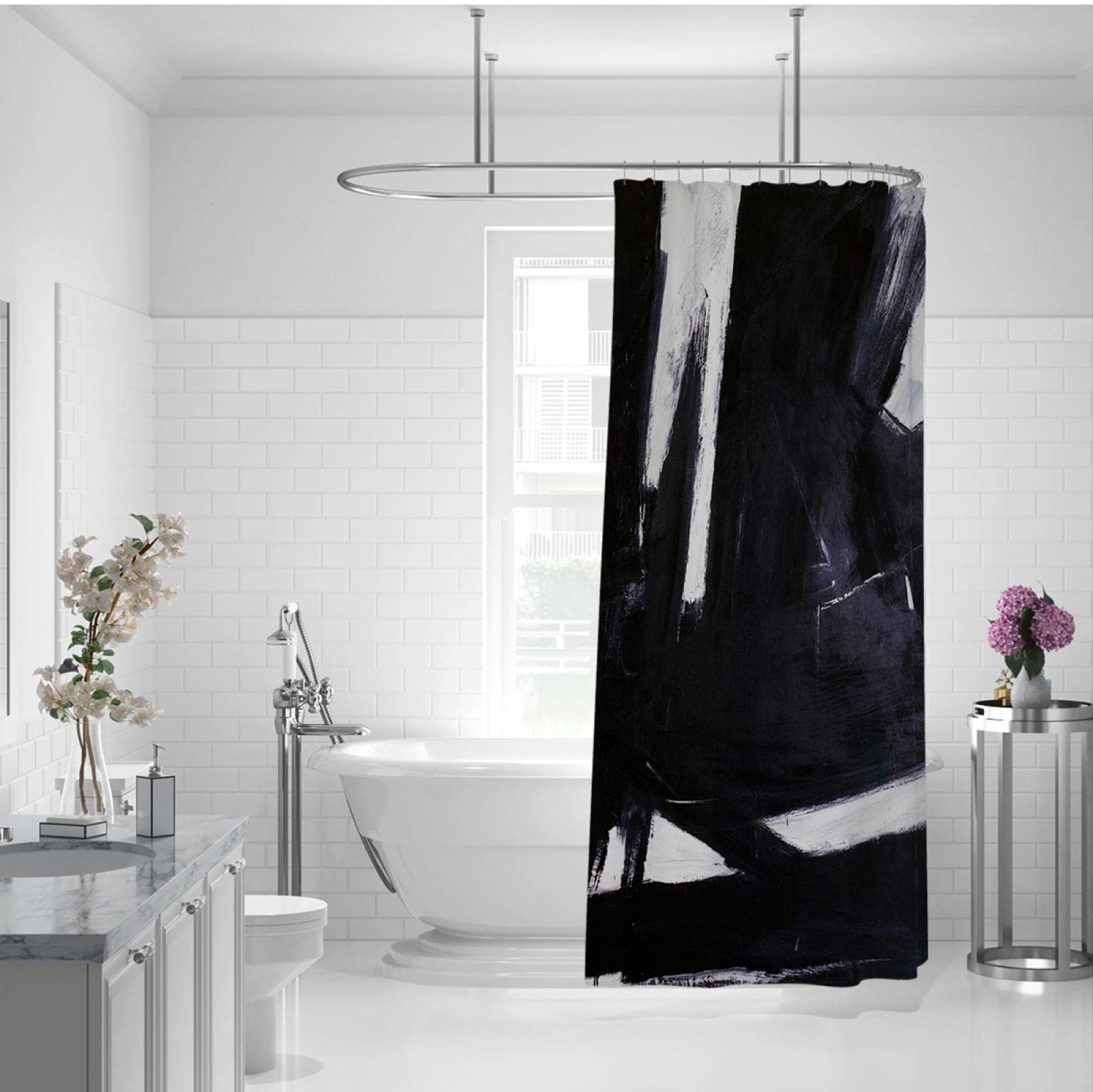 Creative Art Print Abstract Line Tende da Doccia per Bagno con 12 Ganci Franz Kline Impermeabile Tessuto Doccia Tende da Doccia Hotel Grade 200x200cm