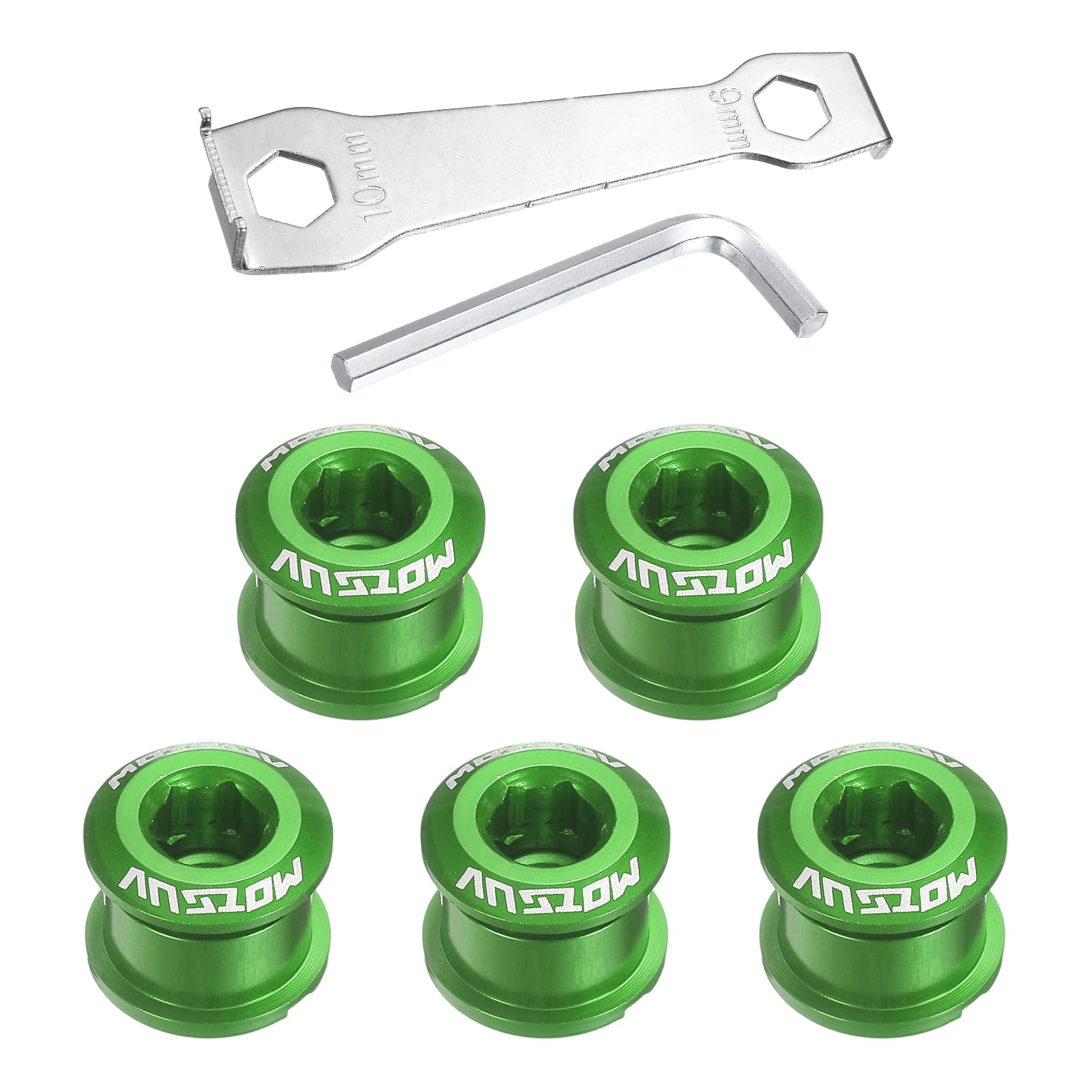 sourcing map 5pcs Single Chain Ring Bolts M8 Aluminum Alloy Bicycle Crankset Nut Chainwheel Screws with Mountain Wrenches for Road Bike Mountain Bike, Green