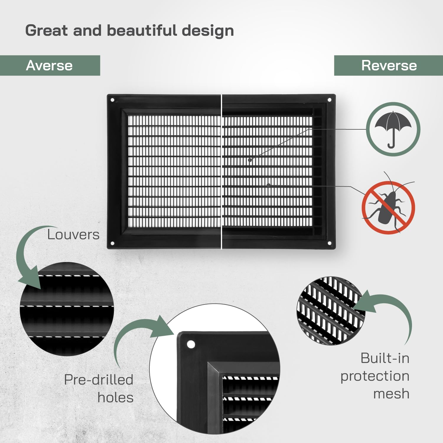 Vent Systems 250 x 170 mm / 10" x 7" Inch Rectangular Plastic Air Vent Cover, Louvered Wall Grille with Insect Mesh - Image 3