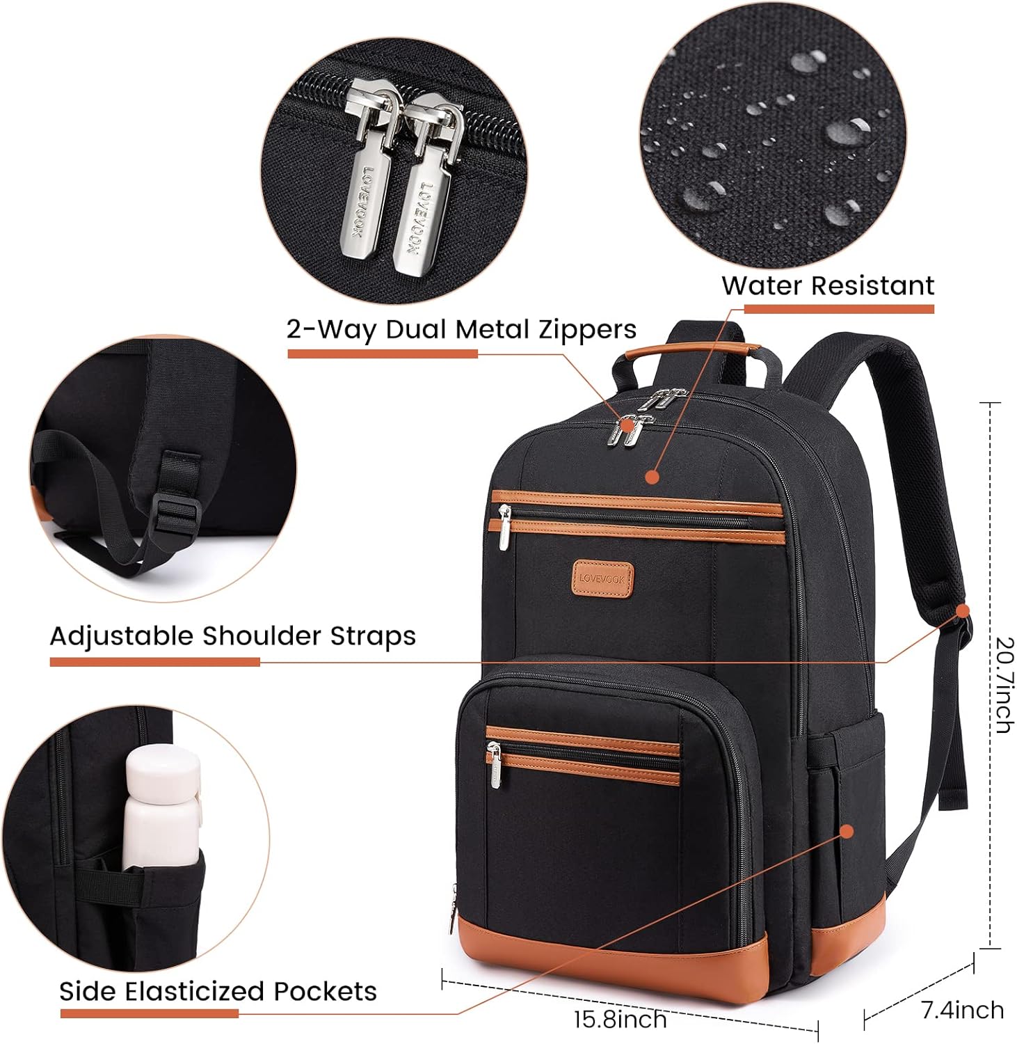 LOVEVOOK Laptop Backpack Vintage Travel Backpack with USB Charging Port Business Computer Backpack for Women & Men Water Resistant College Bag Fits 17.3 Inch Laptop and Notebook - Black