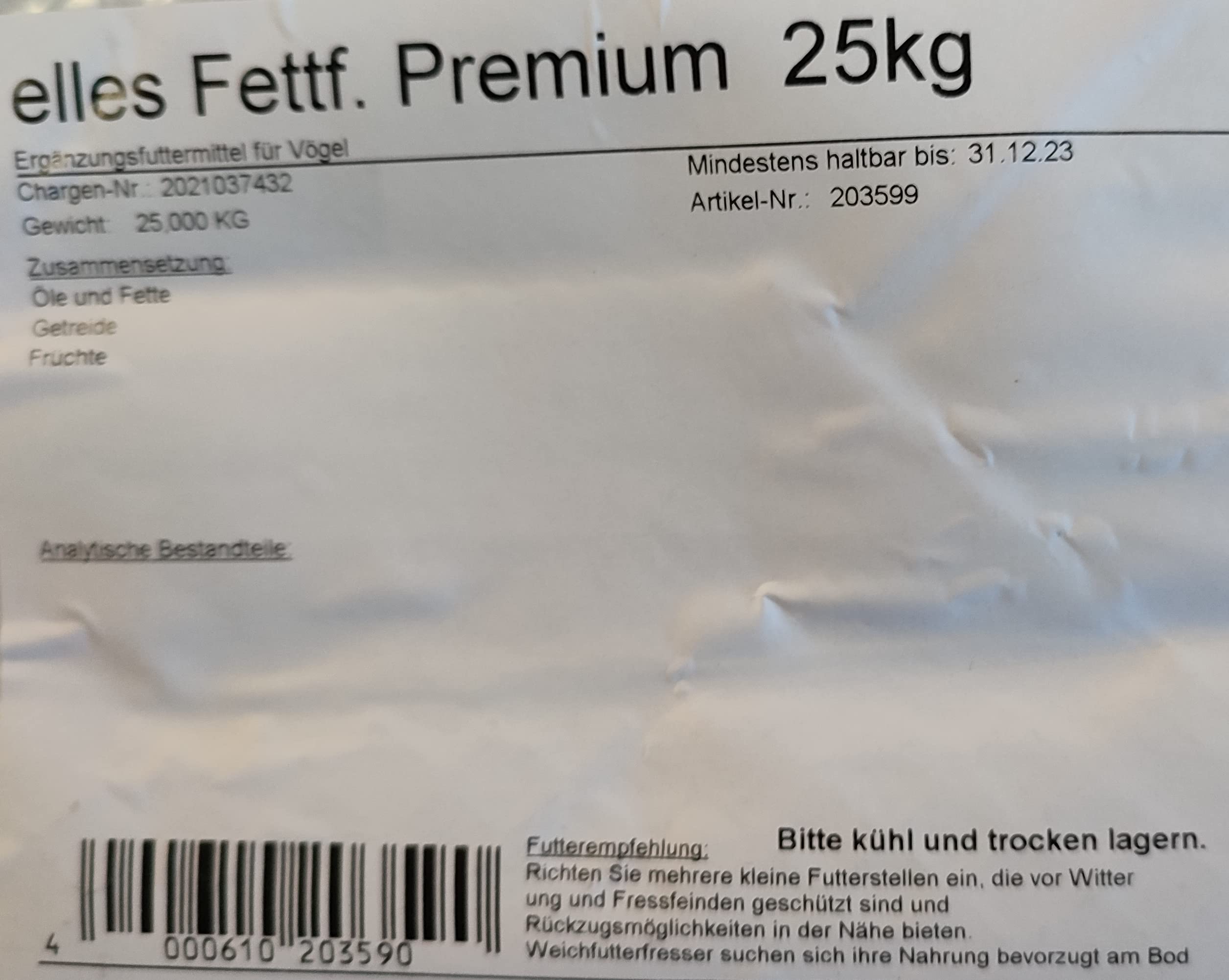 Premium Fettfutter Winterfettfutter Mischung 25 Kg