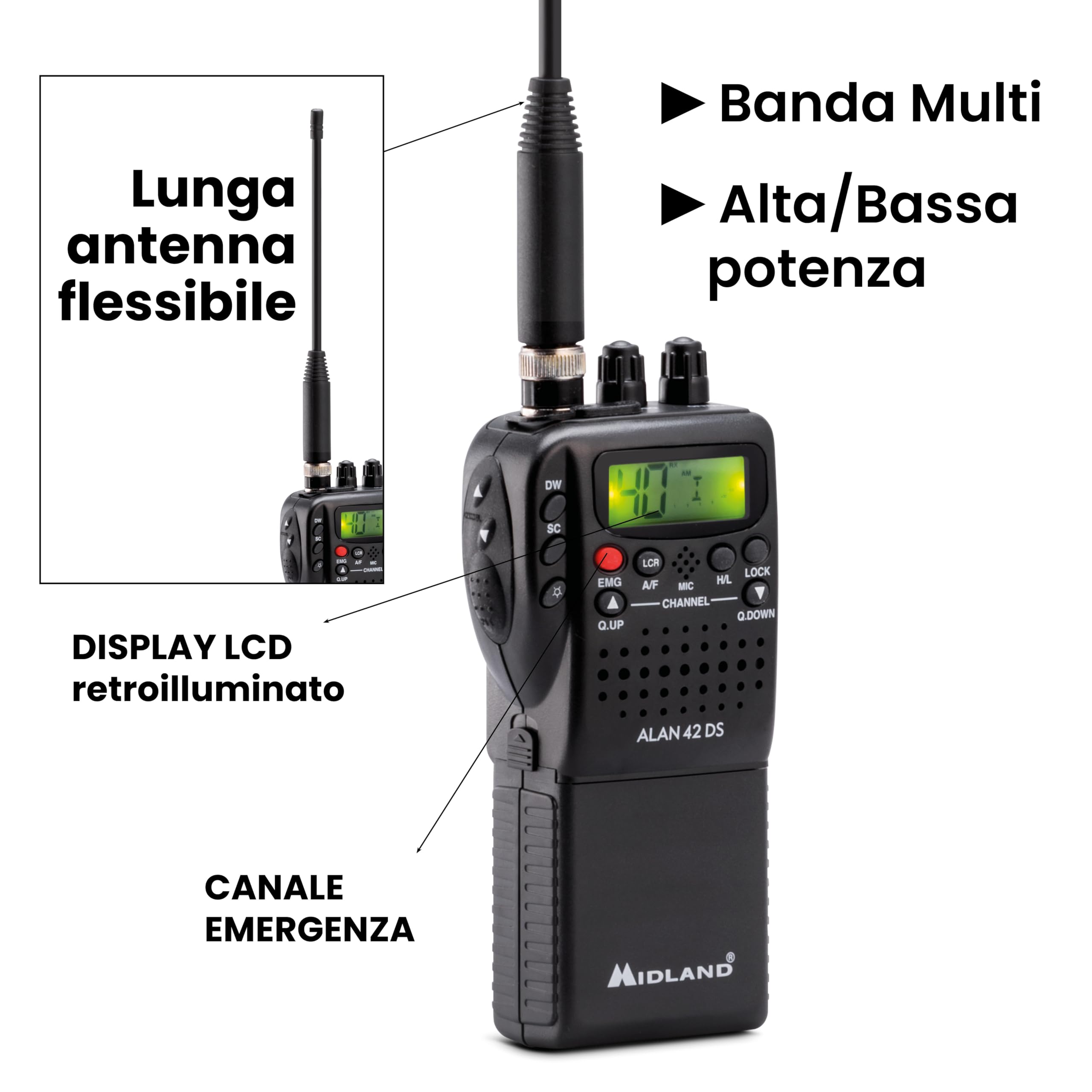 Midland - Radio CB Ricetrasmittente Portatile Senza Licenza Alan 42 DS, Multi Banda per Tutti Paesi EU, Squelch Digitale - Ricetrasmittenti Professionali AM/FM Presa 2 Pin, Antenna e Altri Accessori - 2