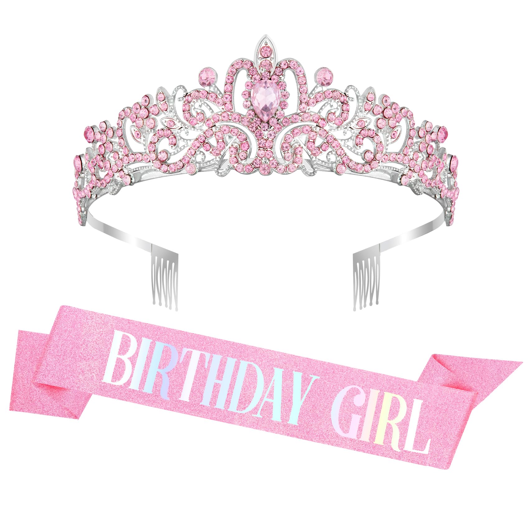 Coopyin Birthday Sash and Crown for Women Girls Pink Birthday Girls Sash Costume Tiara Headband Queen Princess Crown Sparkly Pink Hair Accessories