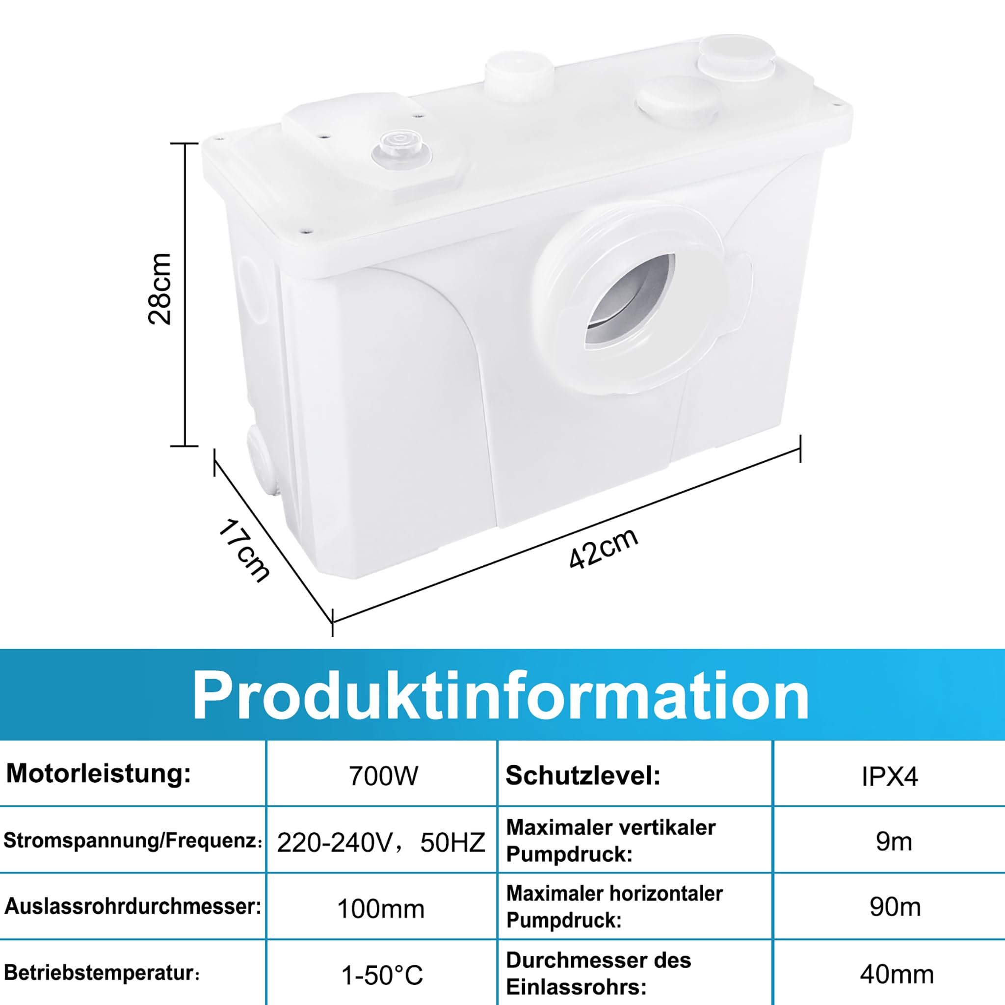 Froadp Pompy do Ścieków Sanitarnych 700W Przydomowa Stacja Podnoszenia Pompa do Ścieków z łopatkami ze Stali Nierdzewnej i Węglem Aktywnym Przepływ do 180L/min do Prysznica Kuchnia Umywalka