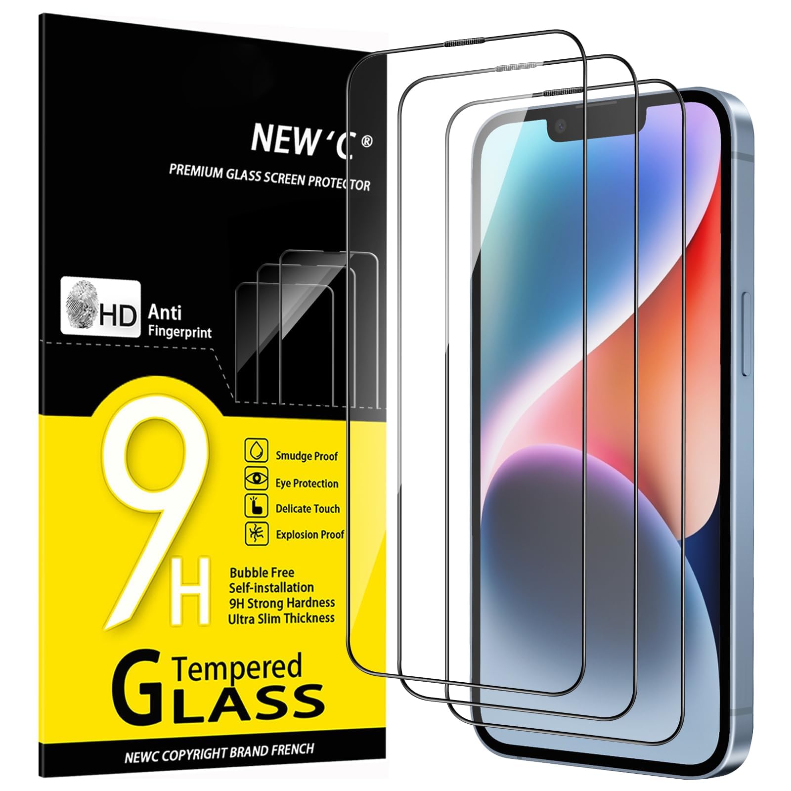 NEW'C 3 Pack Full Coverage Screen Protector for iPhone 14, 13, 13 Pro (6.1 Inch), Black Edge Tempered Glass Film - Ultra Resistant - Case-Friendly
