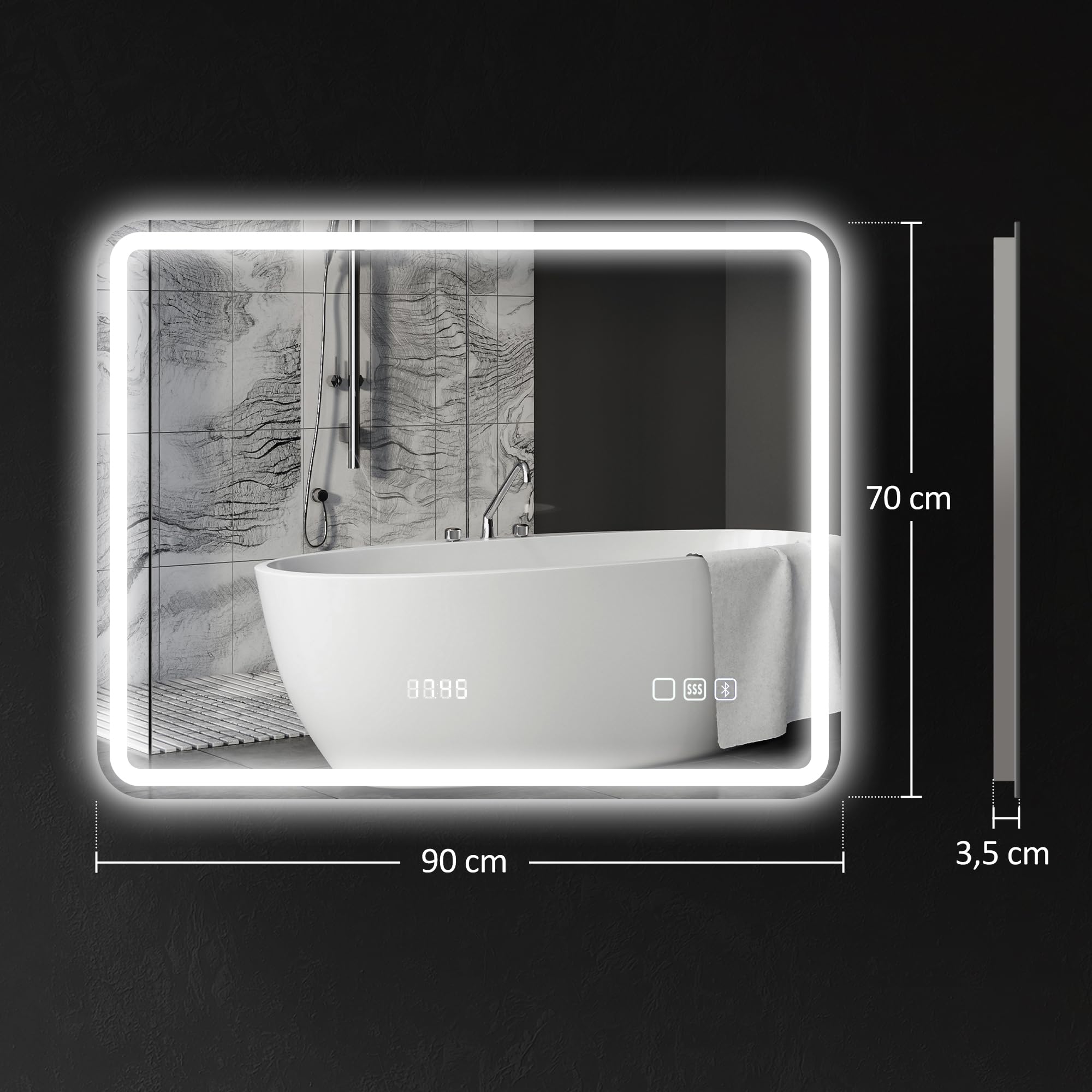 HOMCOM Miroir de Bain avec éclairage mémoire Horloge 70x90cm Argent