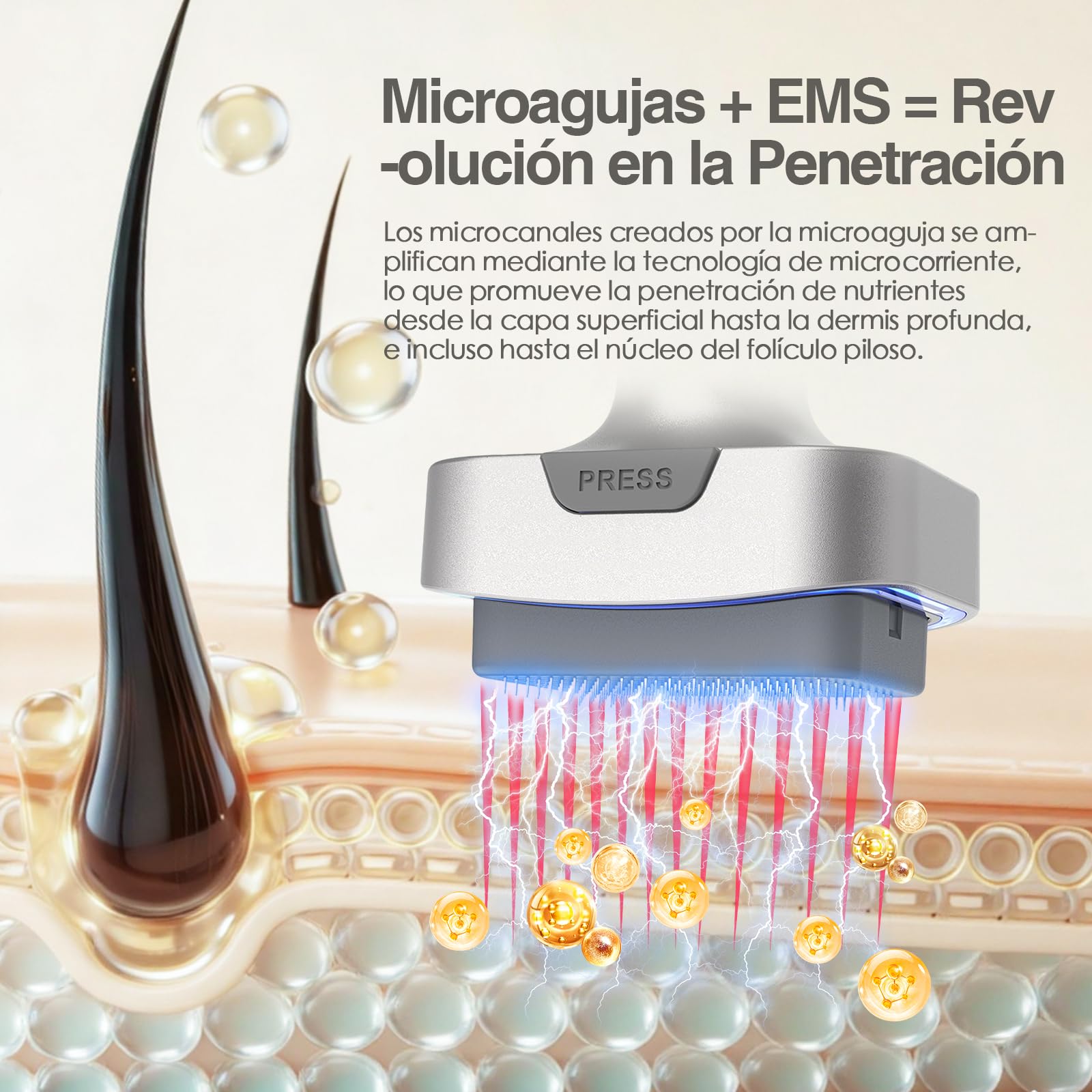 Biopen Derma Stamp 140 Pins, Microneedling + Vibración + Luz LED con 2 Cabezales Reemplazables (0,5 mm) para Cabello Debilitado/Crecimiento de la Barba/Cuidado Facial (Oro Blanco)