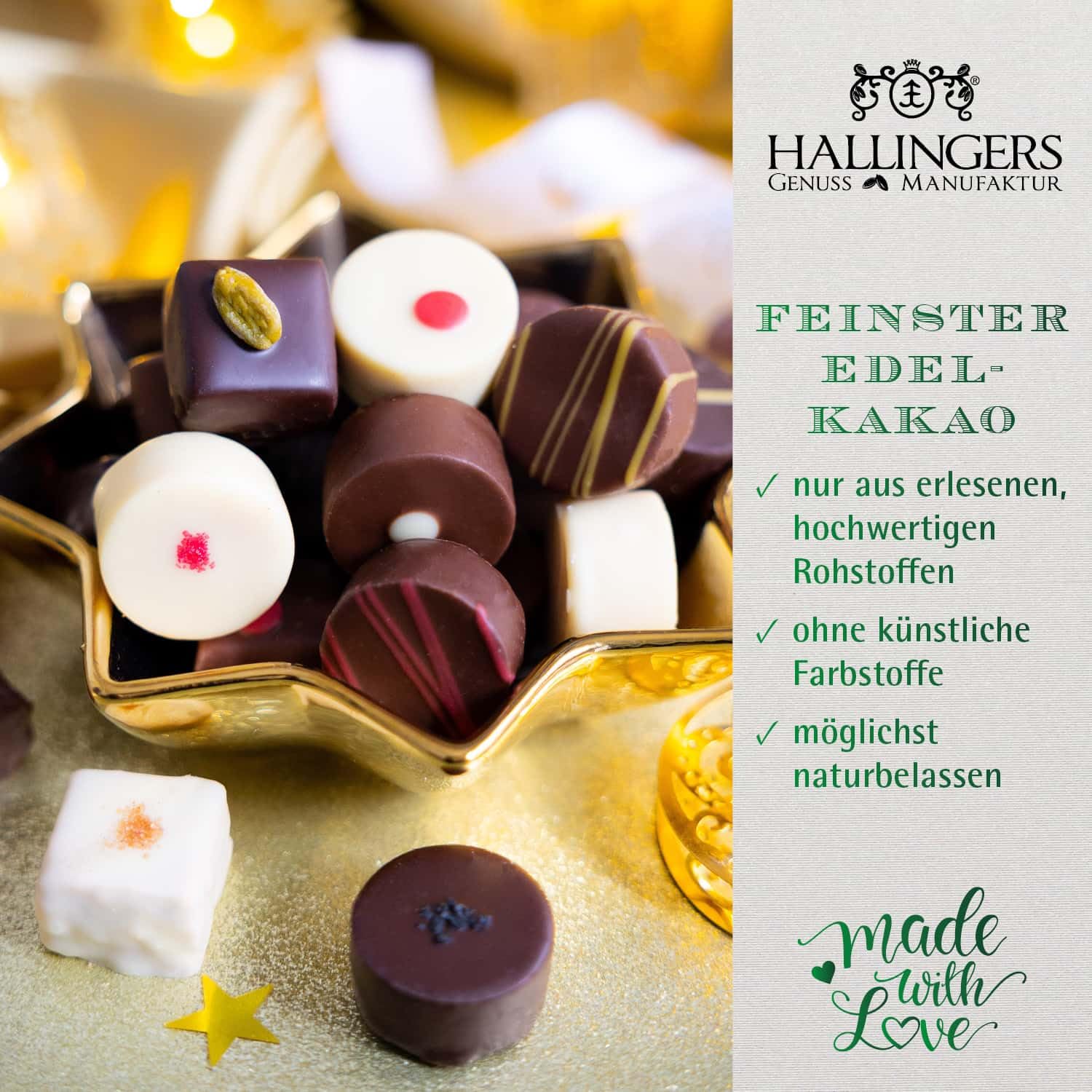Hallingers Genuss Manufaktur Pralinen Halal Ramadan - ohne Alkohol, handmade aus Edelkakao in wertigem Softfeel-Karton "Ramadan - Kareem", Kareem Maburak für Frauen Männer