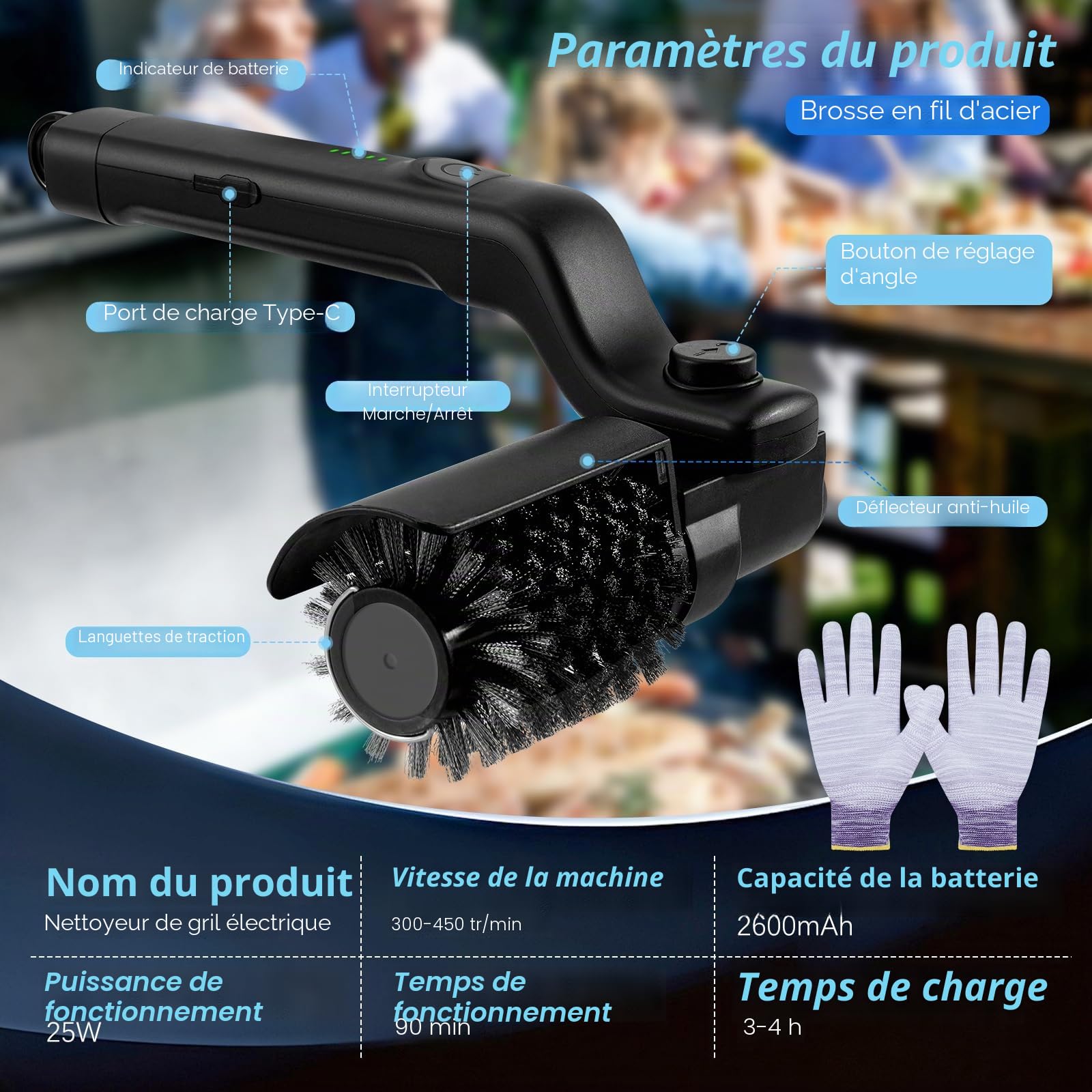 Brosse Électrique pour Barbecue, Brosse de Nettoyage de Gril sans Fil avec 3 Vitesses et 2 Brosse, 180° Réglable, Rechargeable Nettoyeur de BBQ en Acier Inoxydable pour Grilles de Barbecue