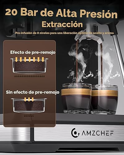 Miniatura 3 de AMZCHEF Máquina de café expreso de 20 barras con molinillo  Máquina de café de 3 temperaturas con 20 ajustes de molienda, cafetera de café caliente