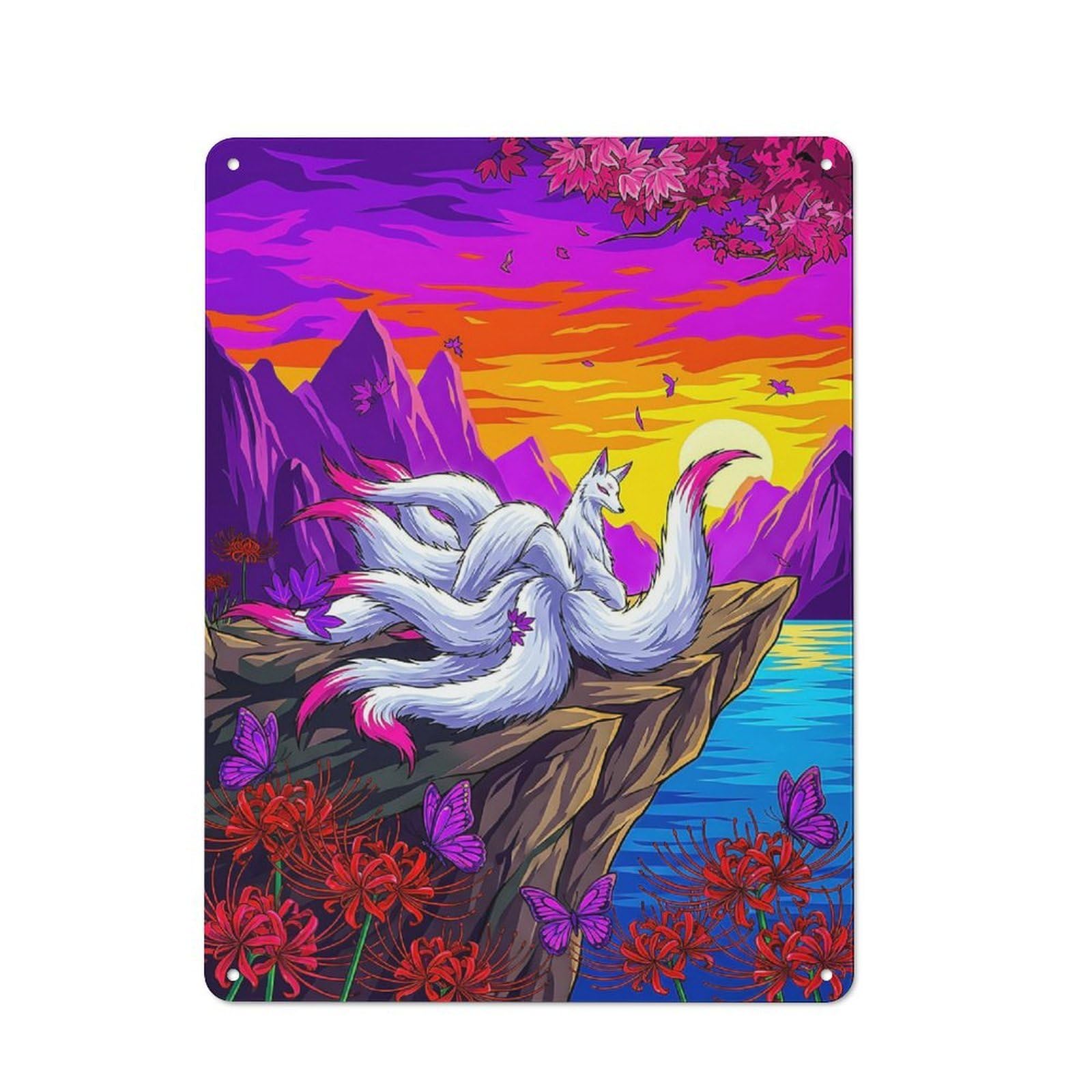 Junmoney Style-3 Rustic Tin Sign 40X30cm Featuring Nine-Tailed Fox By The Water For Garage Or Workshop, For Garage, Workshop And Man Cave Decoration