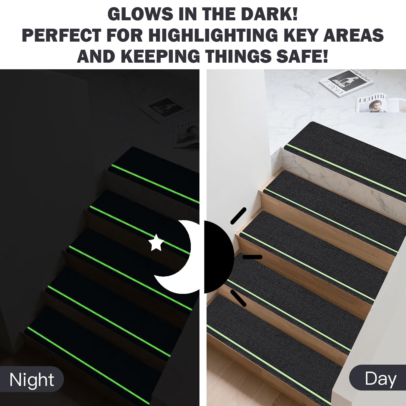 15 Stück Treppenmatten mit Glow in Dark Streifen, Treppenstufen Matten, 76 x 20 Treppenmatten Selbstklebend für Holztreppen, 100% Polyester TPE Rückseite Treppenteppich für Ältere, Haustiere (Schwarz)