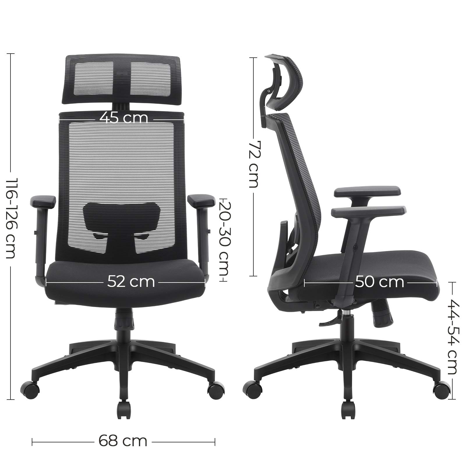 SONGMICS Sedia da Ufficio Ergonomica, Poltrona in Rete con Schienale Alto, Girevole a 360°, Schienale Regolabile Bloccabile a 90° 105° 120°, Supporto Lombare, Nero OBN55BK