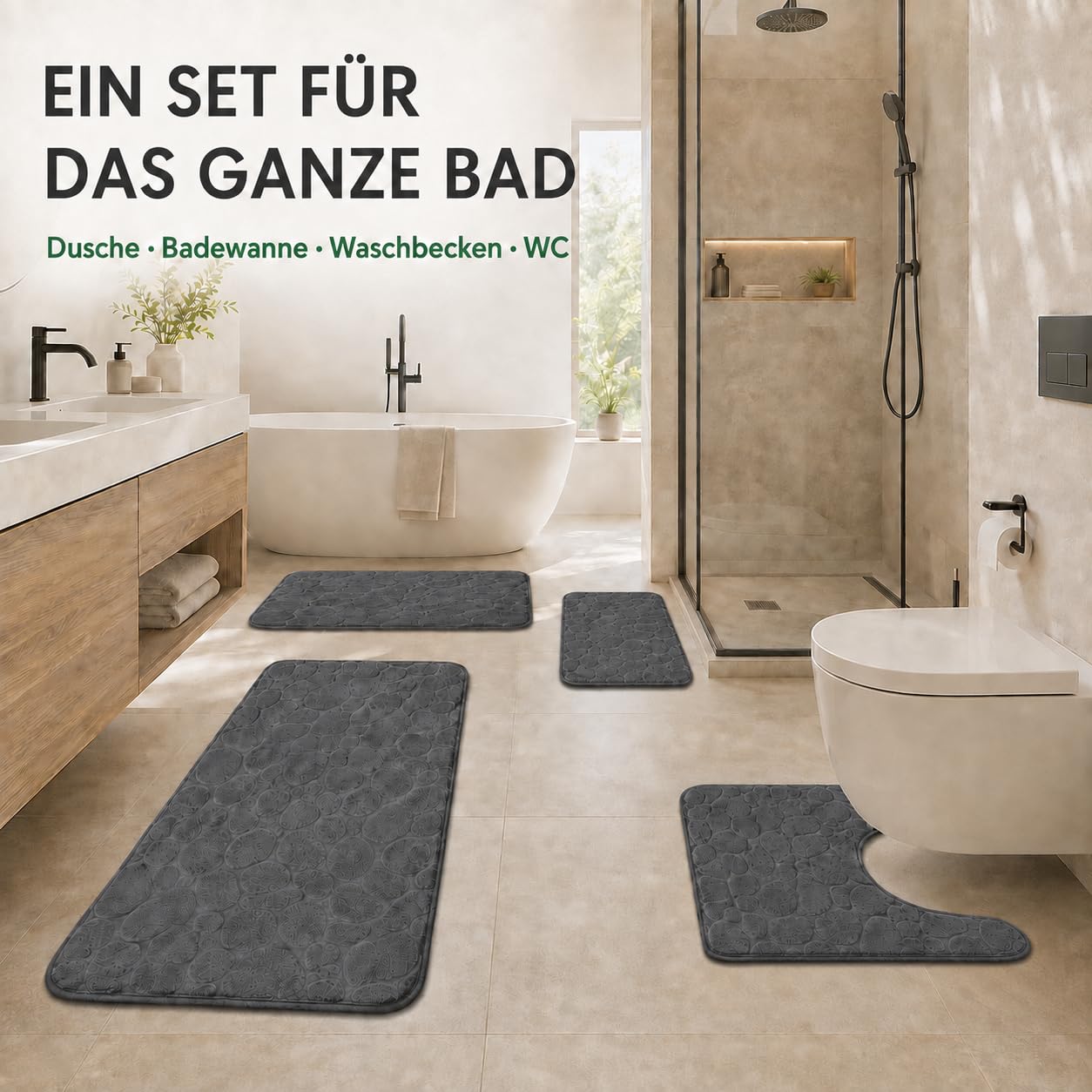 Badezimmerteppich-Set 4-teilig, Memoryschaum, Dunkelgrau